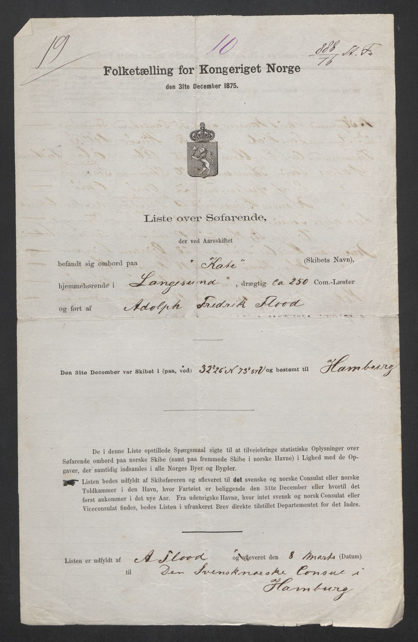 RA, Folketelling 1875, skipslister: Skip i utenrikske havner, hjemmehørende i byer og ladesteder, Fredrikshald - Arendal, 1875, s. 768