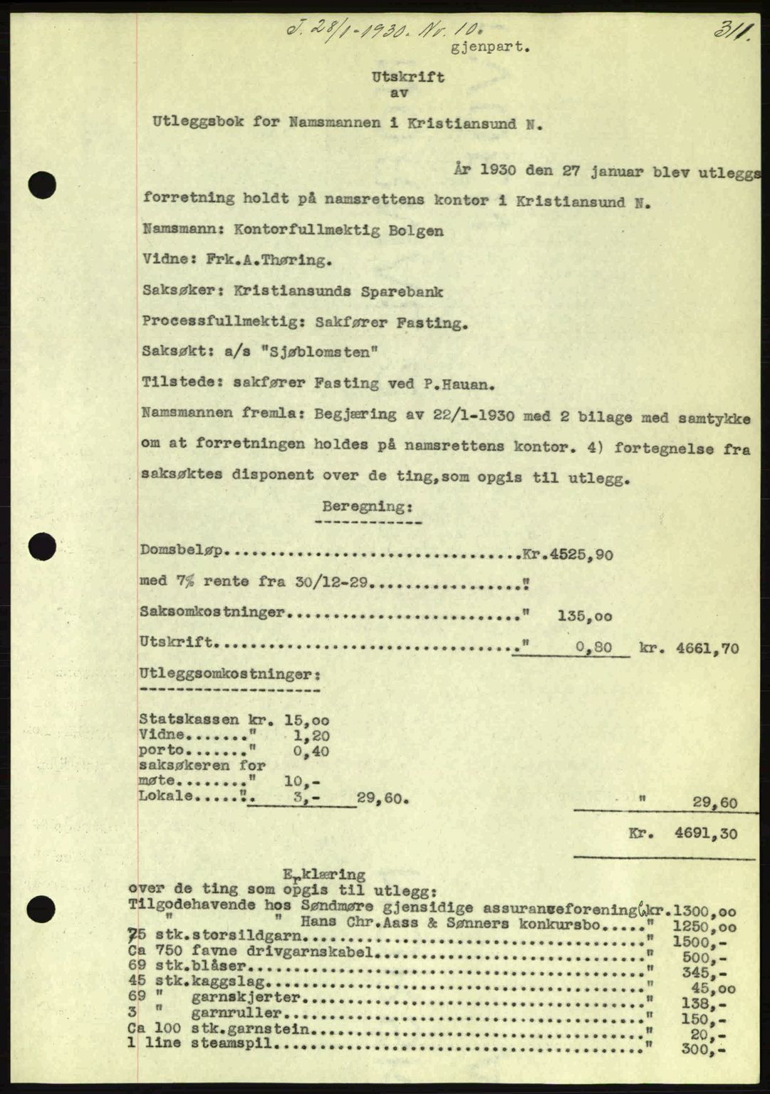 Kristiansund byfogd, AV/SAT-A-4587/A/27: Pantebok nr. 23, 1929-1930, Tingl.dato: 28.01.1930