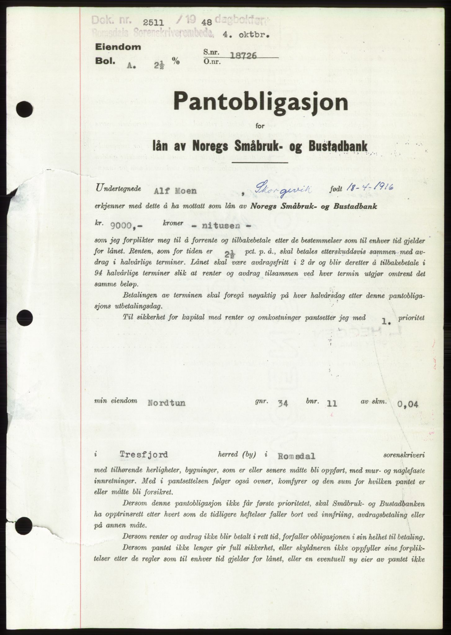 Romsdal sorenskriveri, SAT/A-4149/1/2/2C: Pantebok nr. B4, 1948-1949, Dagboknr: 2511/1948