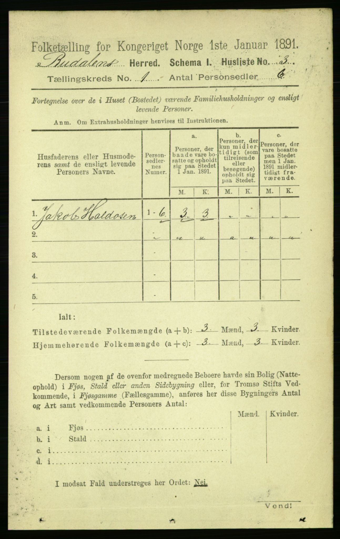 RA, Folketelling 1891 for 1647 Budal herred, 1891, s. 15