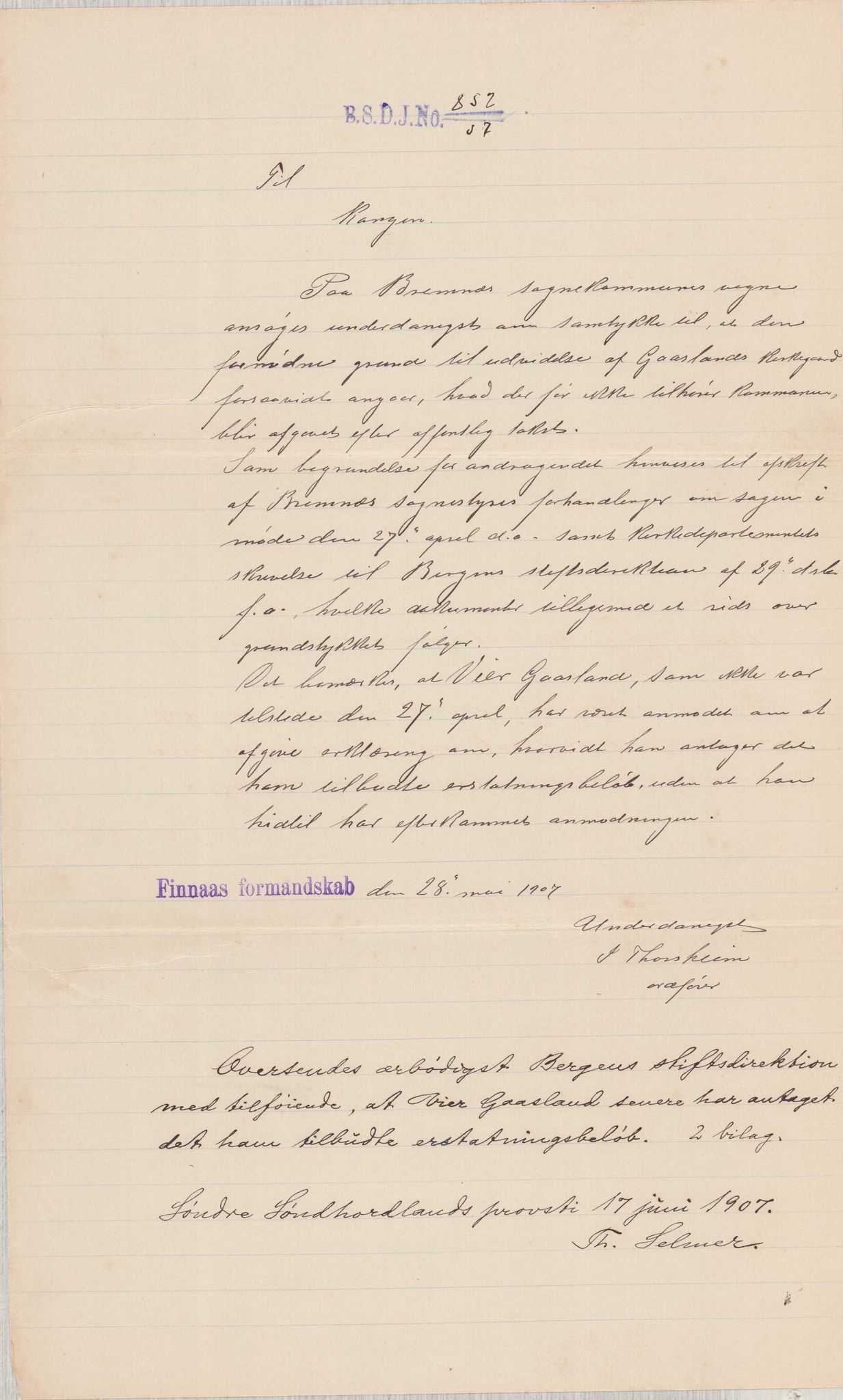 Finnaas kommune. Formannskapet, IKAH/1218a-021/D/Da/L0001/0007: Korrespondanse / saker / Gåsland kyrkjegard, 1906-1908, s. 7