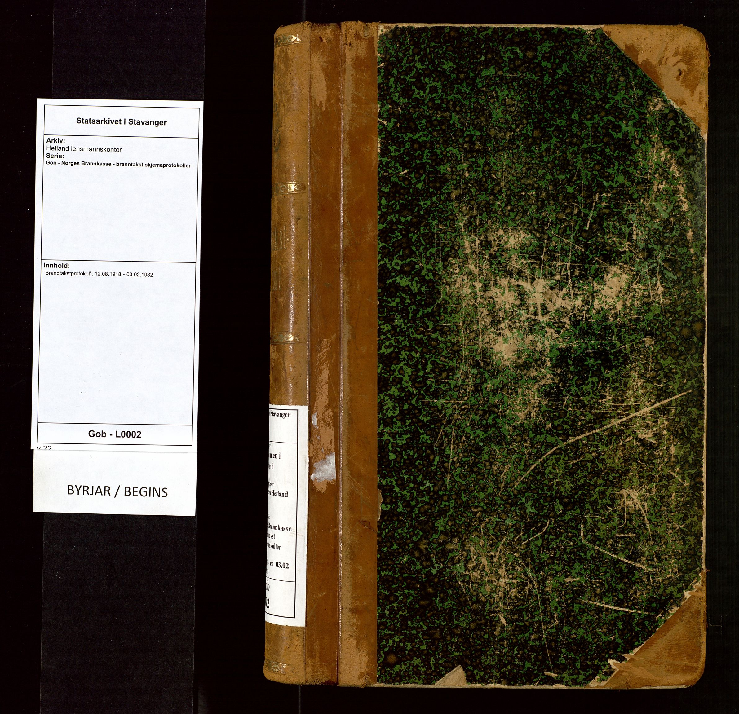 Hetland lensmannskontor, AV/SAST-A-100101/Gob/L0002: "Brandtakstprotokol", 1918-1932