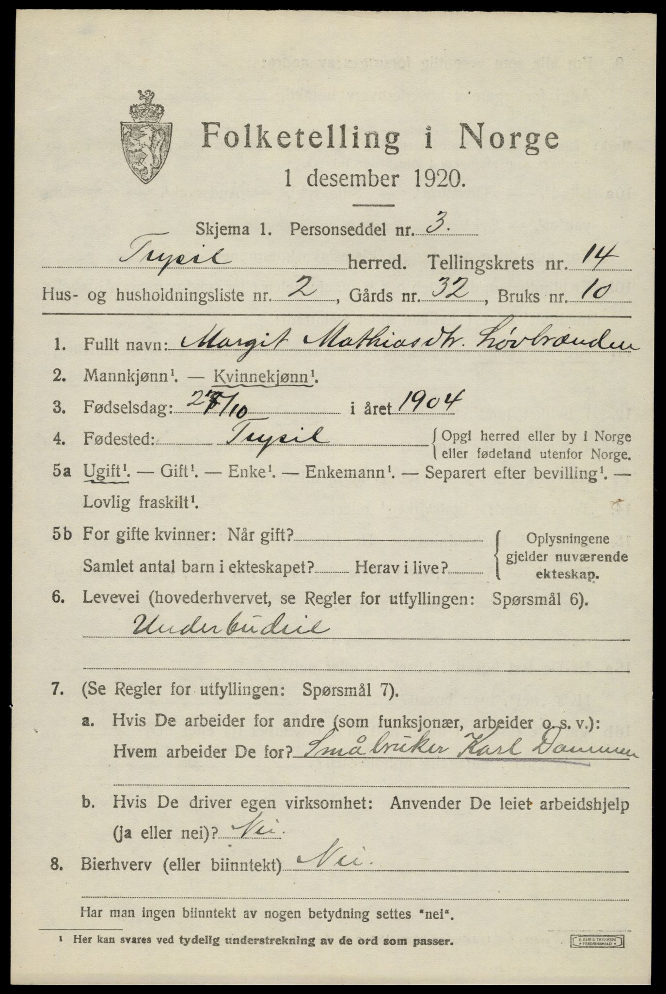 SAH, Folketelling 1920 for 0428 Trysil herred, 1920, s. 7887