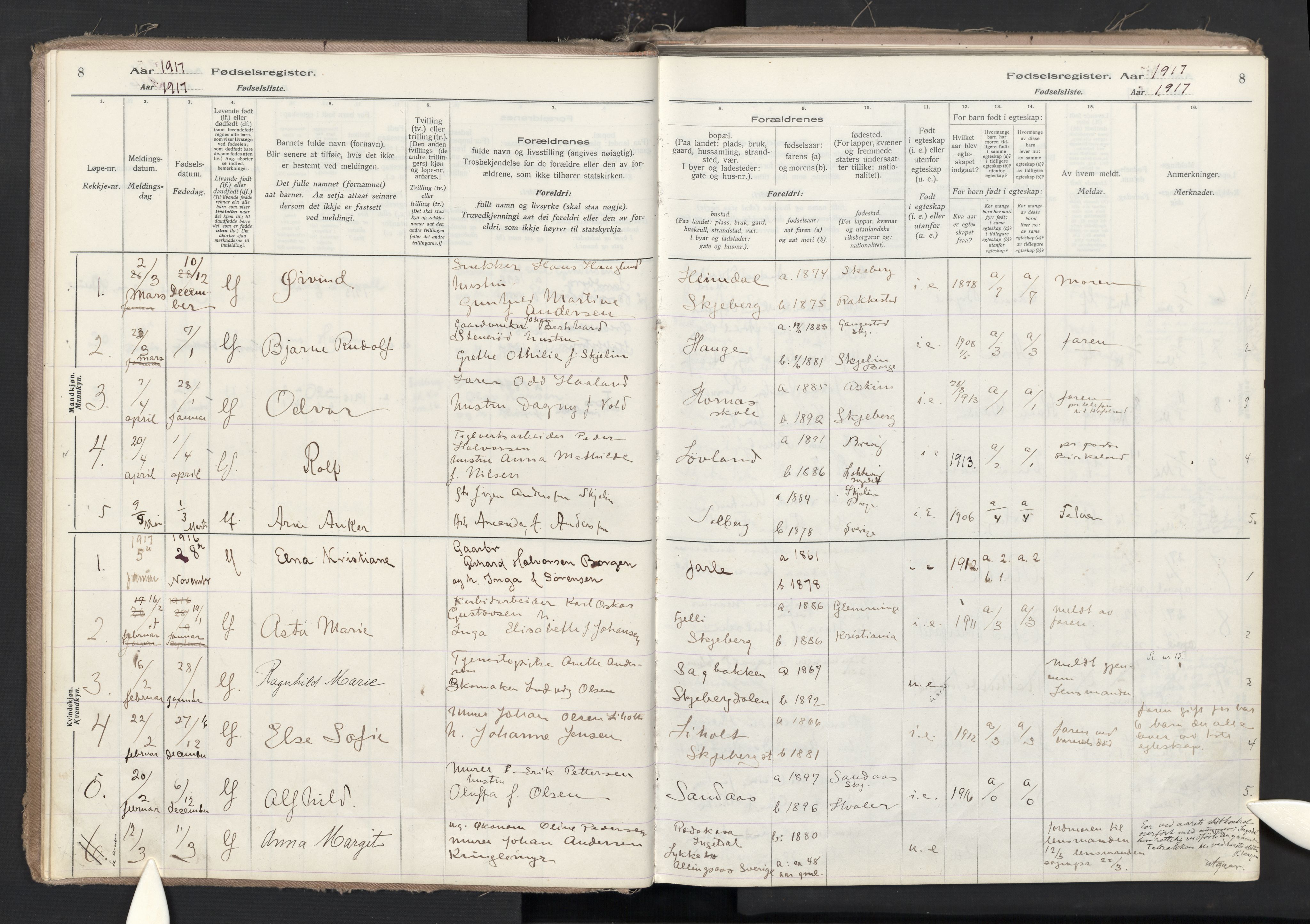 Skjeberg prestekontor Kirkebøker, AV/SAO-A-10923/J/Ja/L0001: Fødselsregister nr. I 1, 1916-1945, s. 8