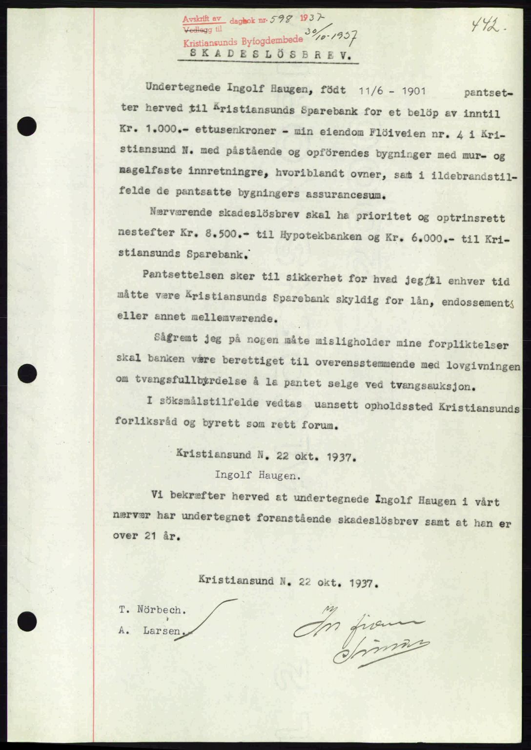 Kristiansund byfogd, AV/SAT-A-4587/A/27: Pantebok nr. 29, 1936-1937, Dagboknr: 598/1937