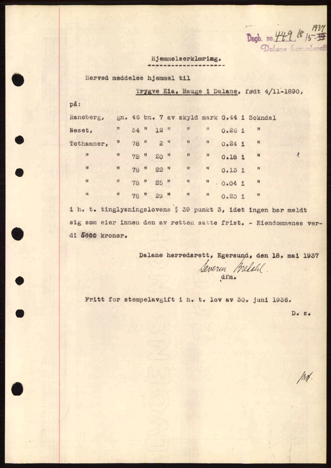 Dalane sorenskriveri, SAST/A-100309/02/G/Gb/L0041: Pantebok nr. A2, 1936-1937, Dagboknr: 449/1937