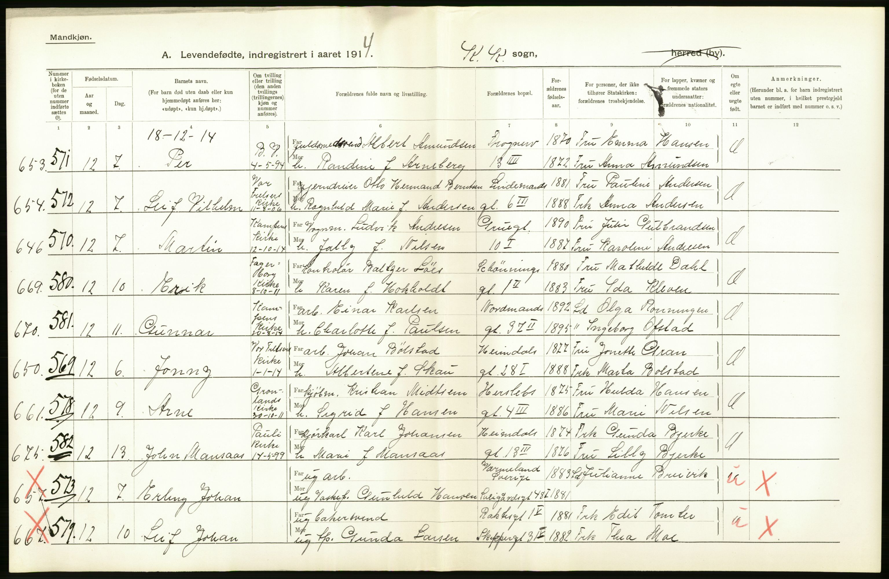 Statistisk sentralbyrå, Sosiodemografiske emner, Befolkning, AV/RA-S-2228/D/Df/Dfb/Dfbd/L0005: Kristiania: Levendefødte menn og kvinner., 1914, s. 36