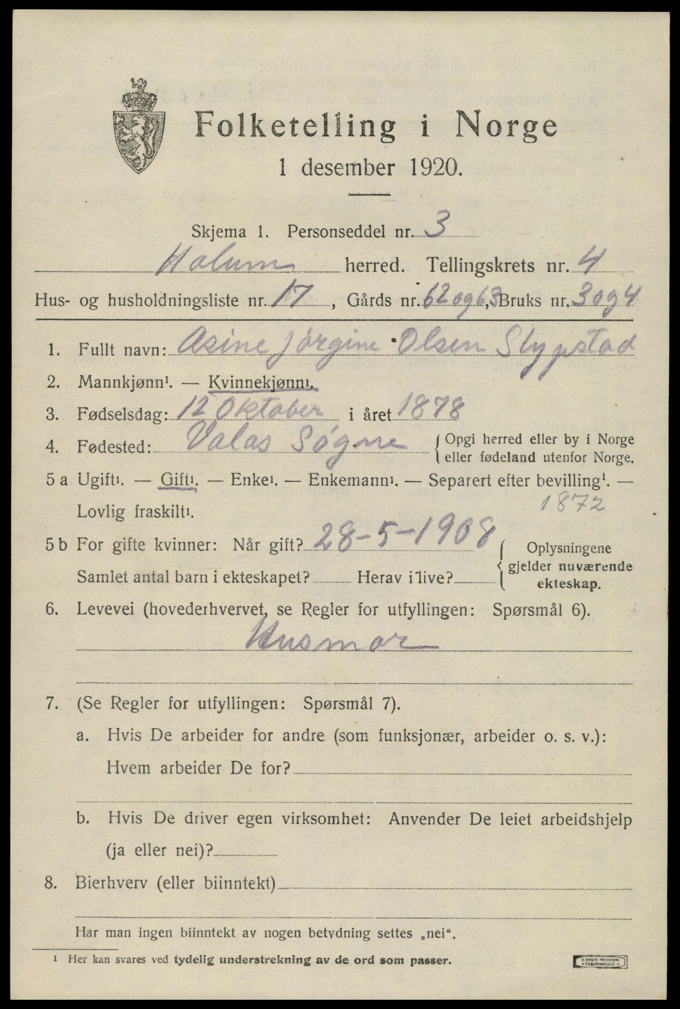 SAK, Folketelling 1920 for 1020 Holum herred, 1920, s. 2103