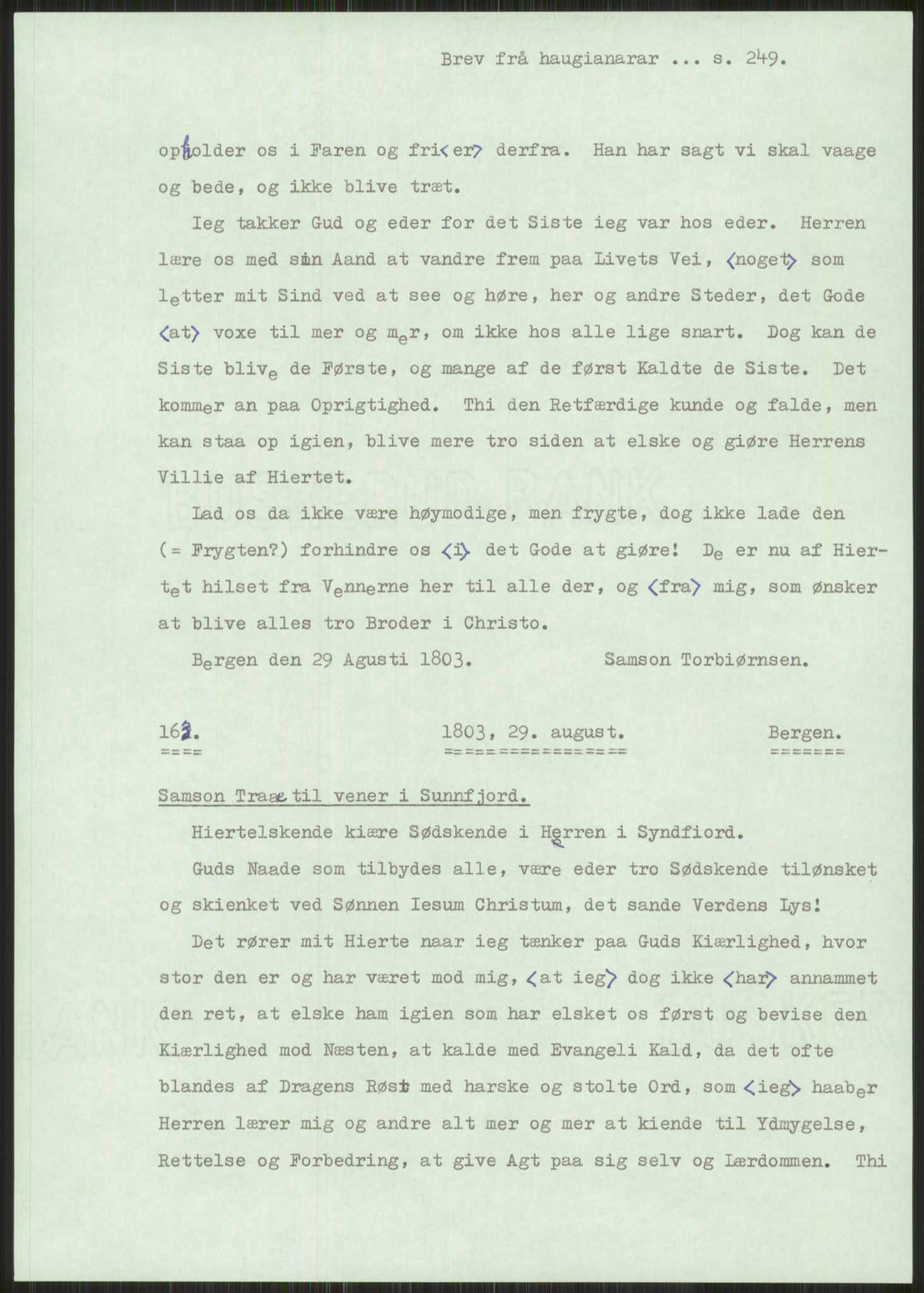 Samlinger til kildeutgivelse, Haugianerbrev, RA/EA-6834/F/L0001: Haugianerbrev I: 1760-1804, 1760-1804, s. 249