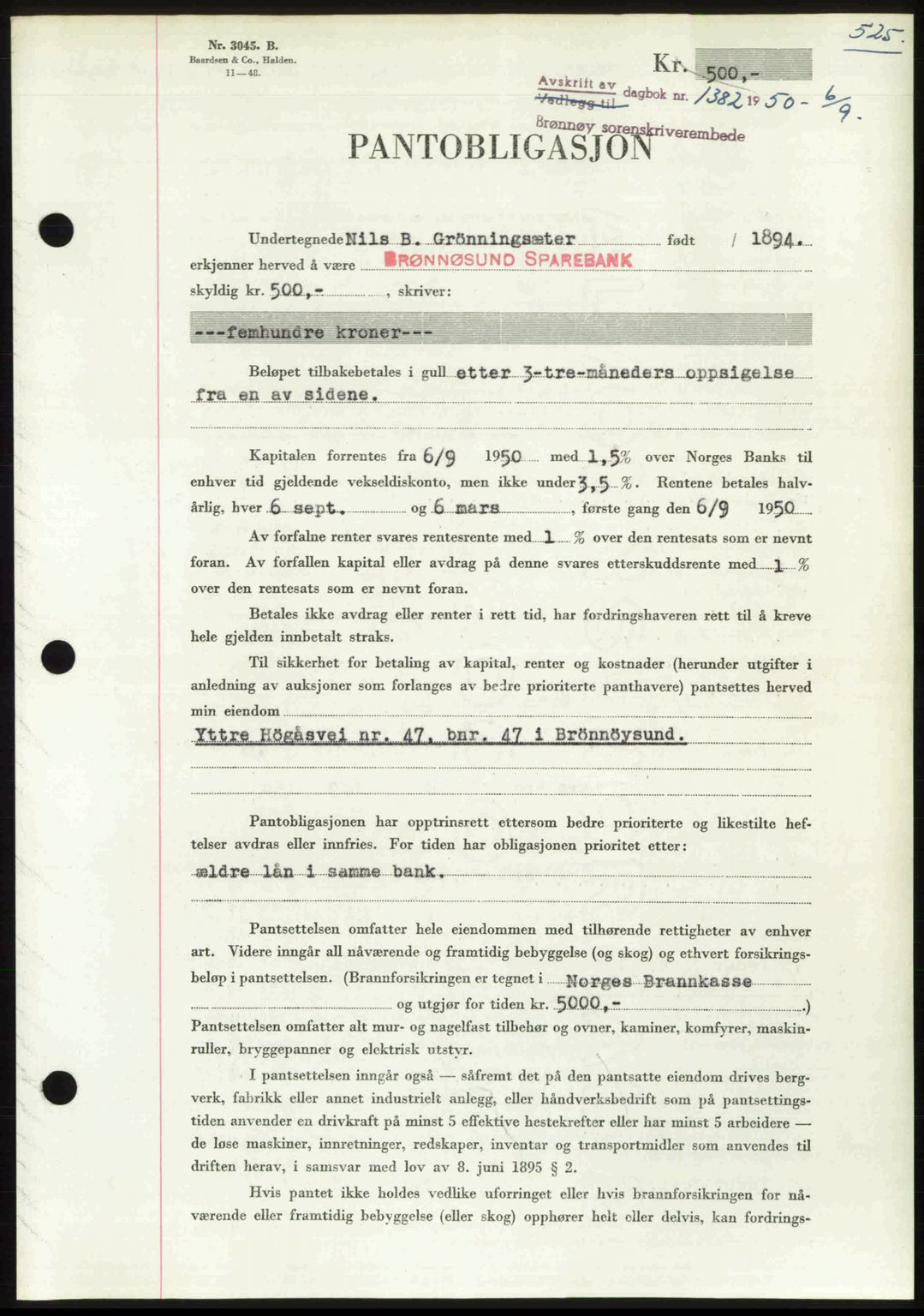 Brønnøy sorenskriveri, SAT/A-4170/1/2/2C: Pantebok nr. 36, 1950-1950, Dagboknr: 1382/1950