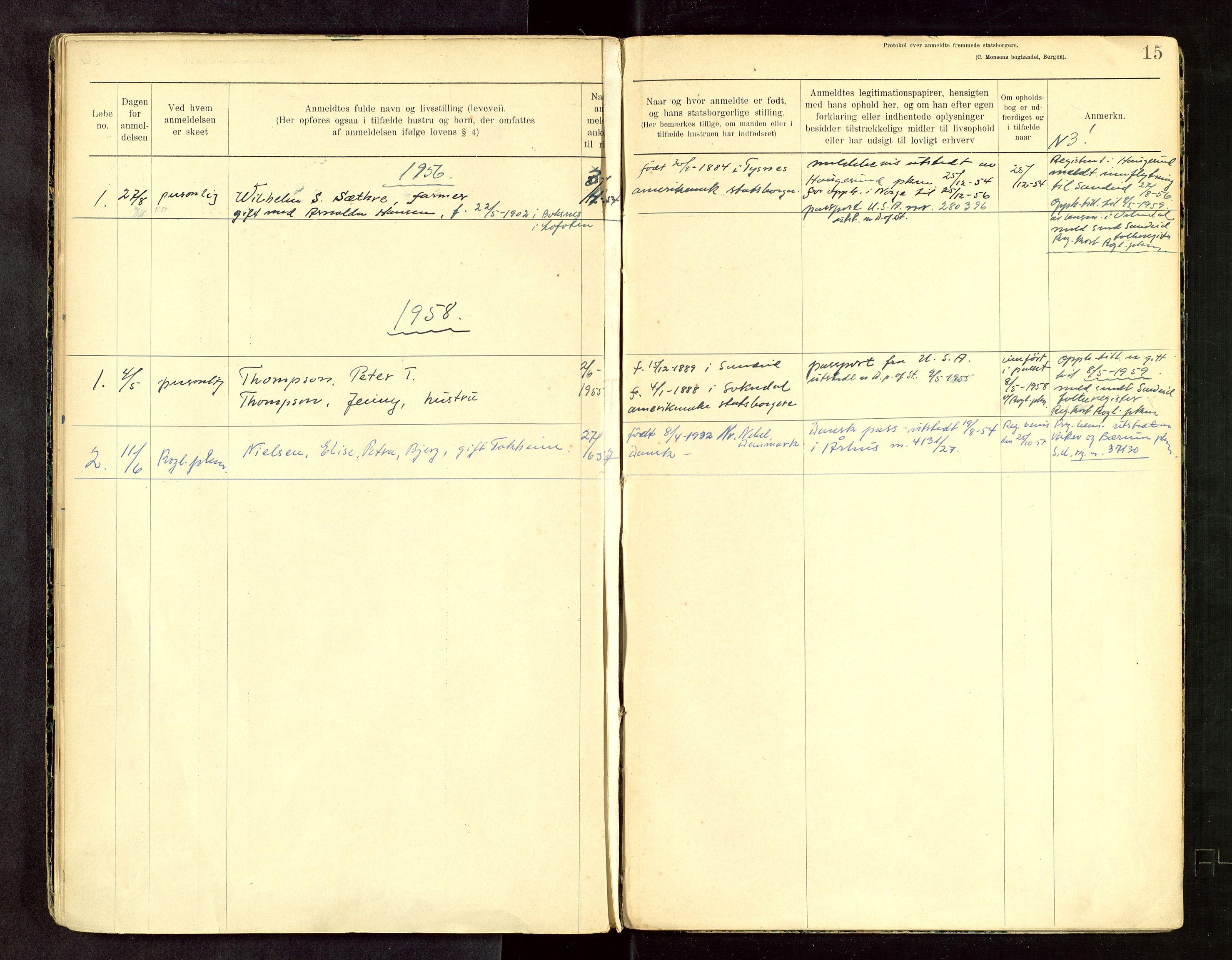 Vikedal lensmannskontor, SAST/A-100179/Fea/L0001: "Protokol over anmeldte fremmede Statsborgere, 1902-1958, s. 15