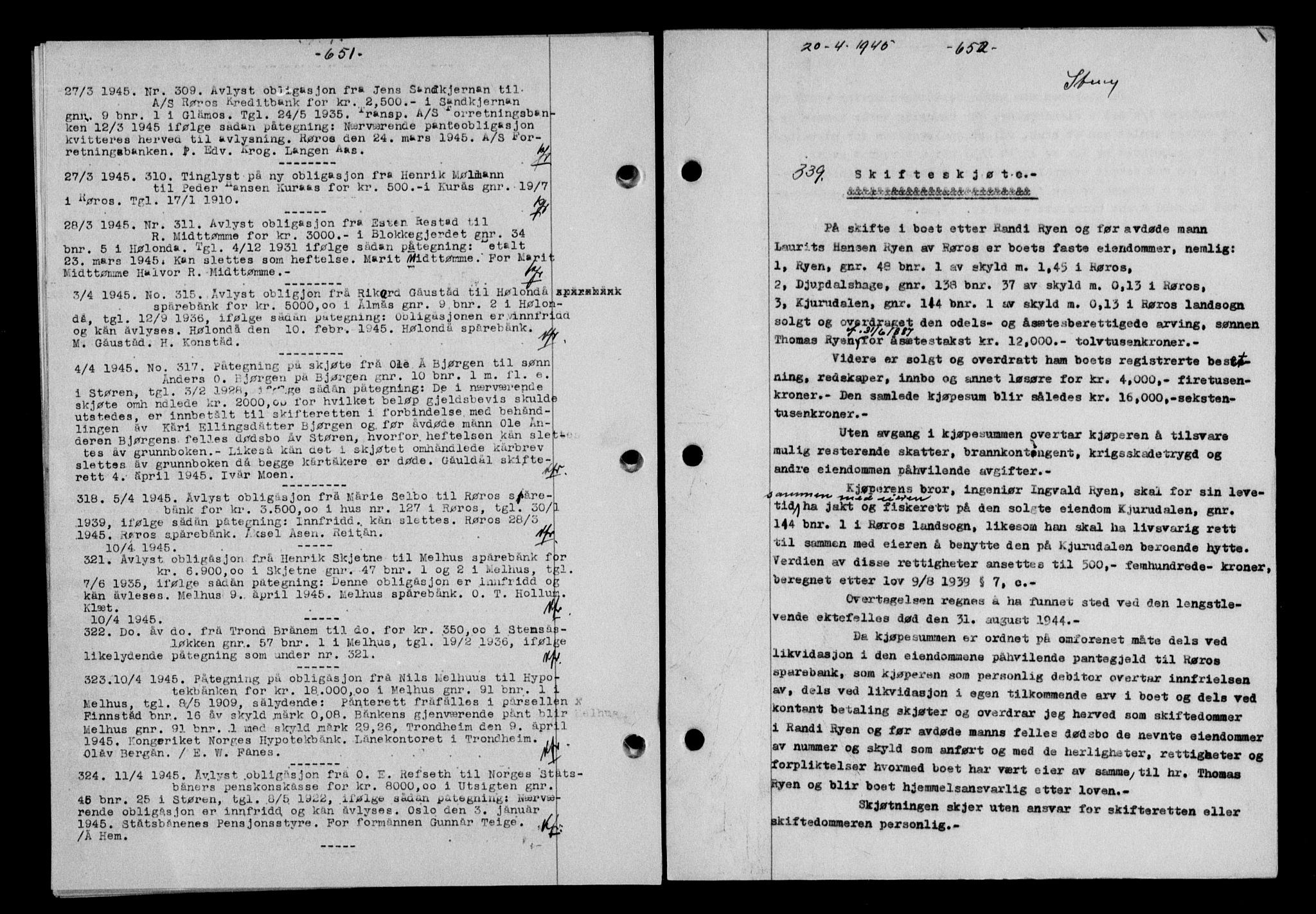 Gauldal sorenskriveri, SAT/A-0014/1/2/2C/L0058: Pantebok nr. 63, 1944-1945, Dagboknr: 339/1945