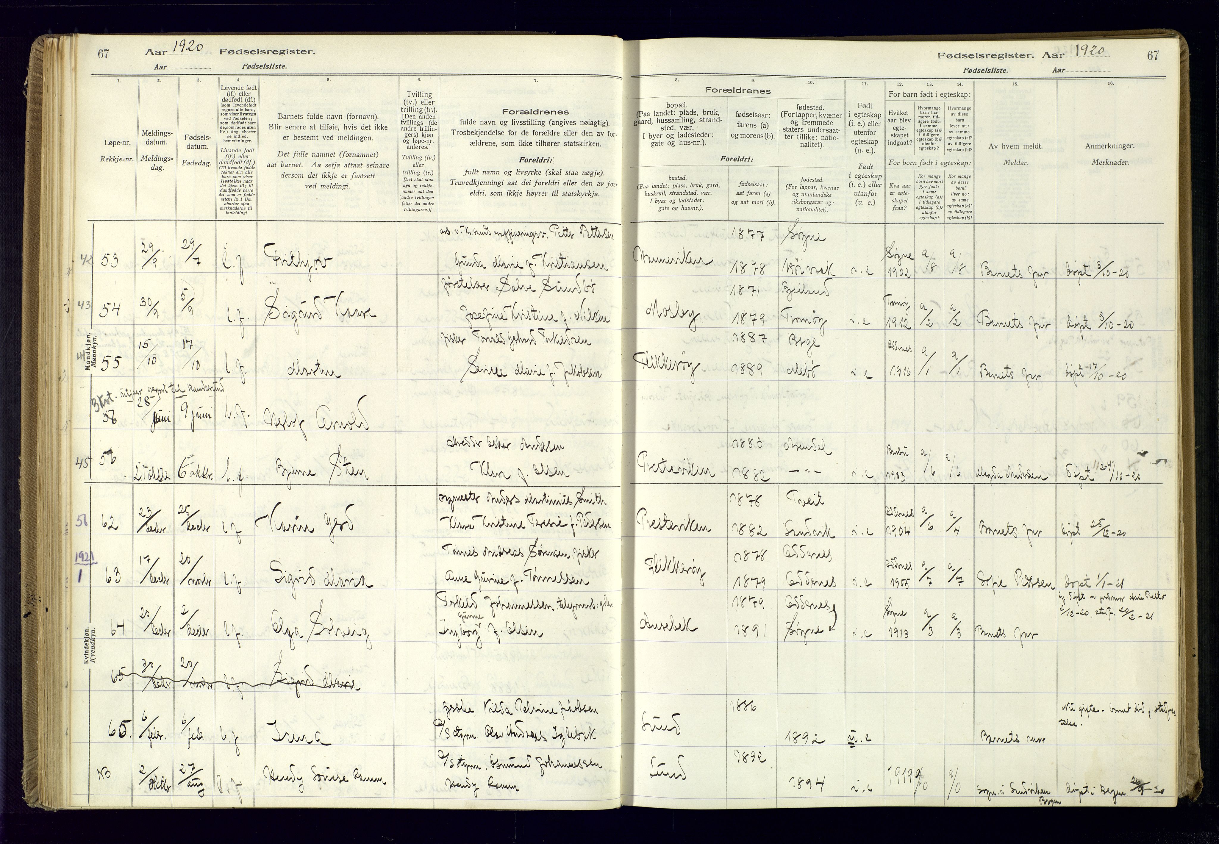 Oddernes sokneprestkontor, AV/SAK-1111-0033/J/Ja/L0001: Fødselsregister nr. 1, 1916-1935, s. 67