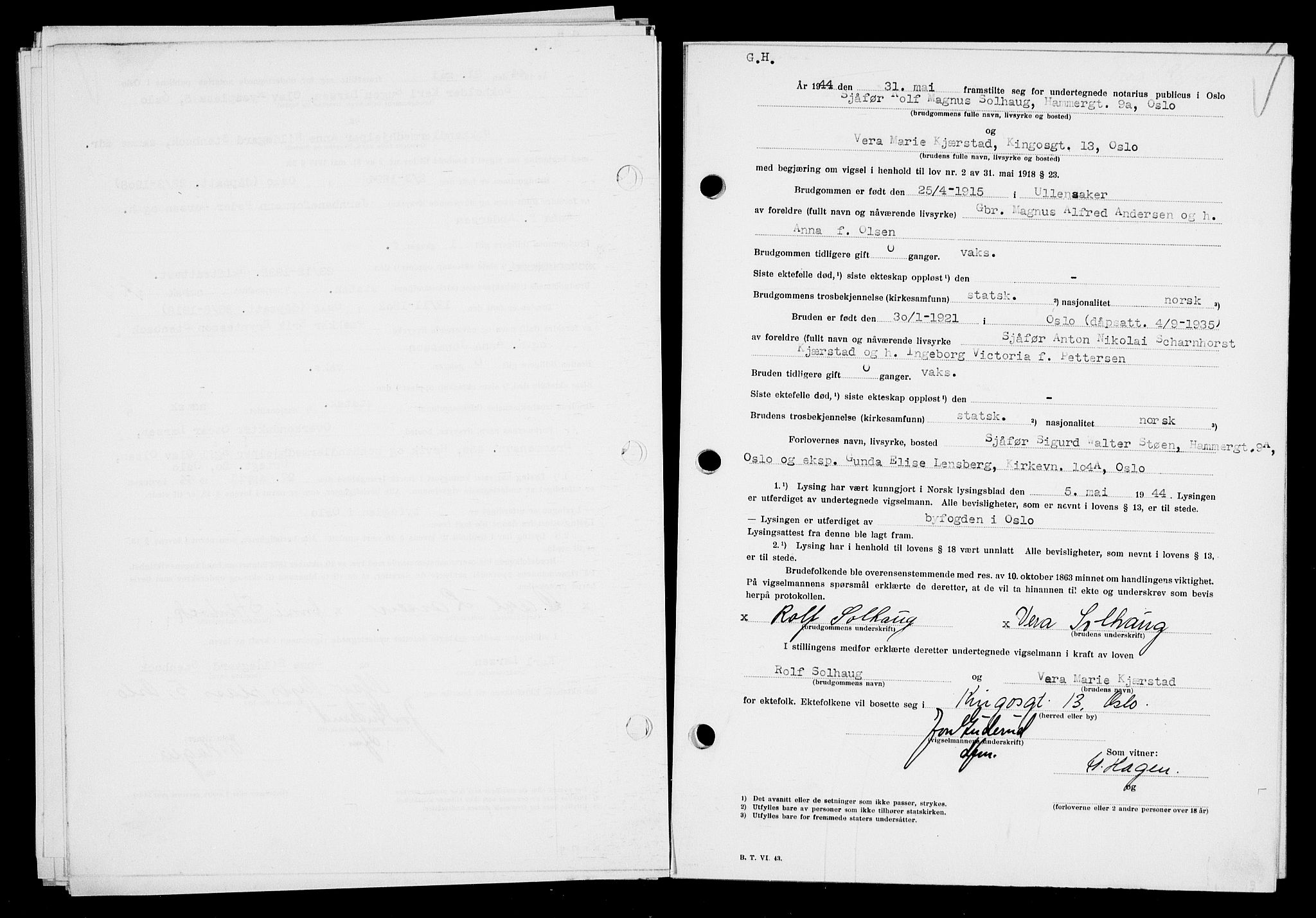 Oslo byfogd avd. I, SAO/A-10220/L/Lb/Lbb/L0049: Notarialprotokoll, rekke II: Vigsler, 1944