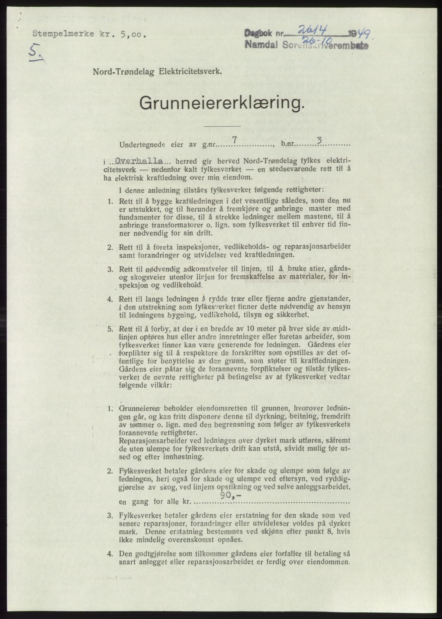 Namdal sorenskriveri, SAT/A-4133/1/2/2C: Pantebok nr. -, 1949-1949, Dagboknr: 2614/1949