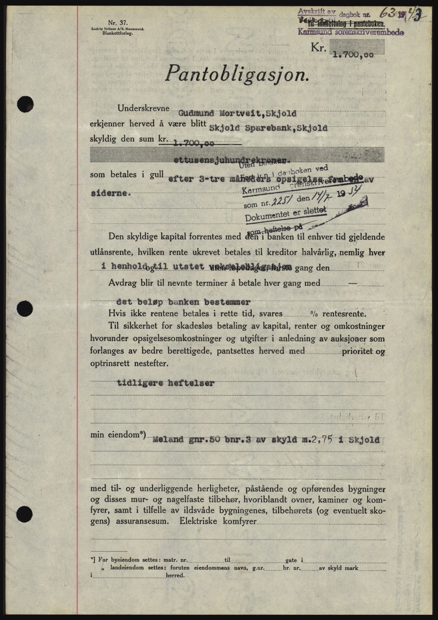 Karmsund sorenskriveri, SAST/A-100311/01/II/IIBBE/L0008: Pantebok nr. B 54, 1942-1943, Dagboknr: 63/1943