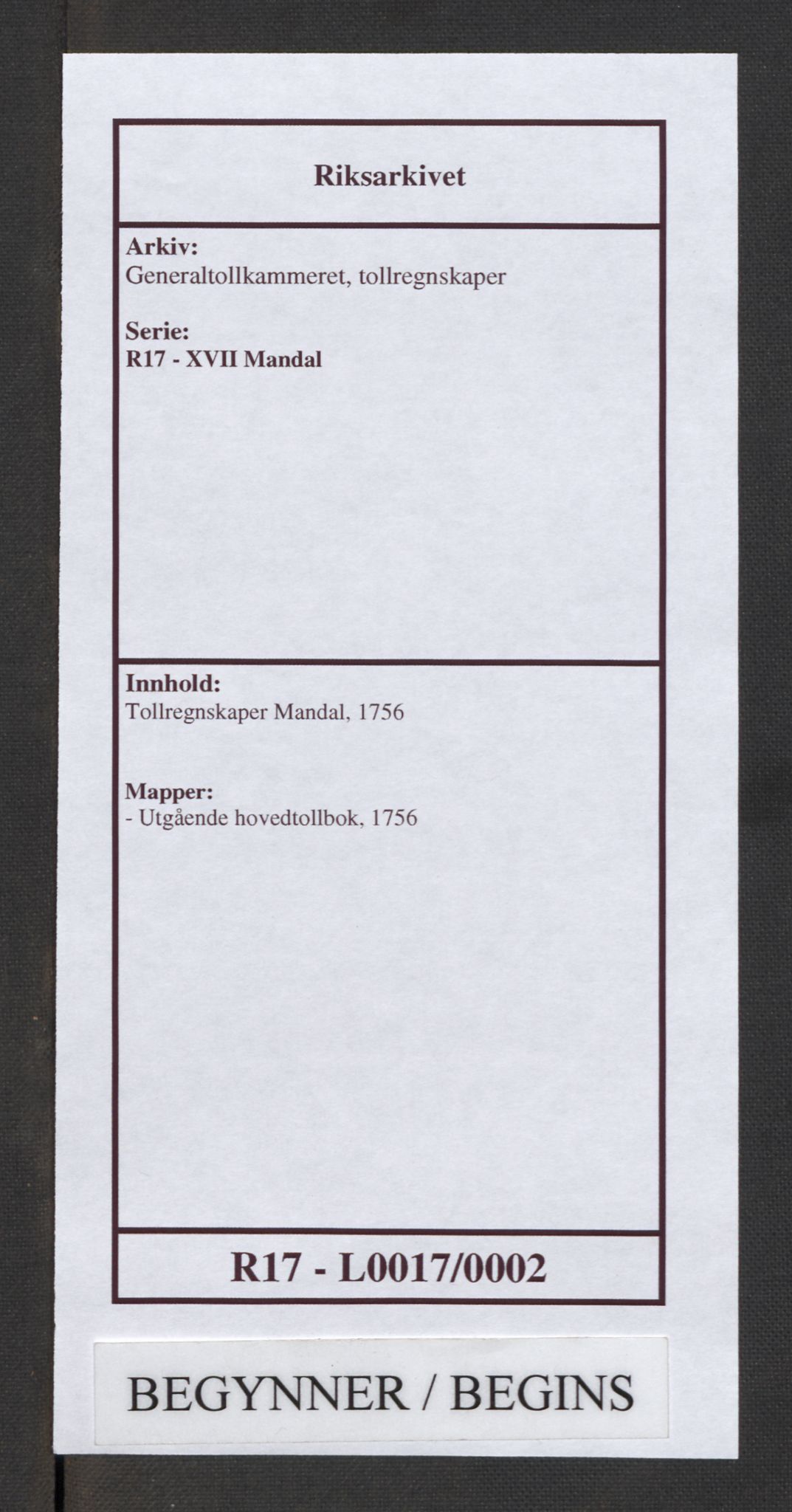 Generaltollkammeret, tollregnskaper, AV/RA-EA-5490/R17/L0017/0002: Tollregnskaper Mandal / Utgående hovedtollbok, 1756