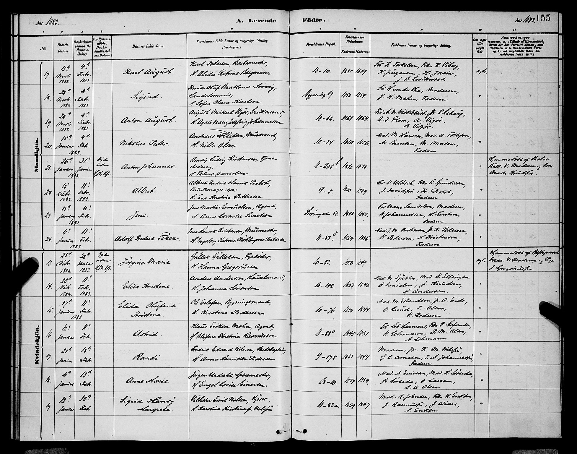 Domkirken sokneprestembete, AV/SAB-A-74801/H/Hab/L0015: Klokkerbok nr. B 8, 1879-1887, s. 155