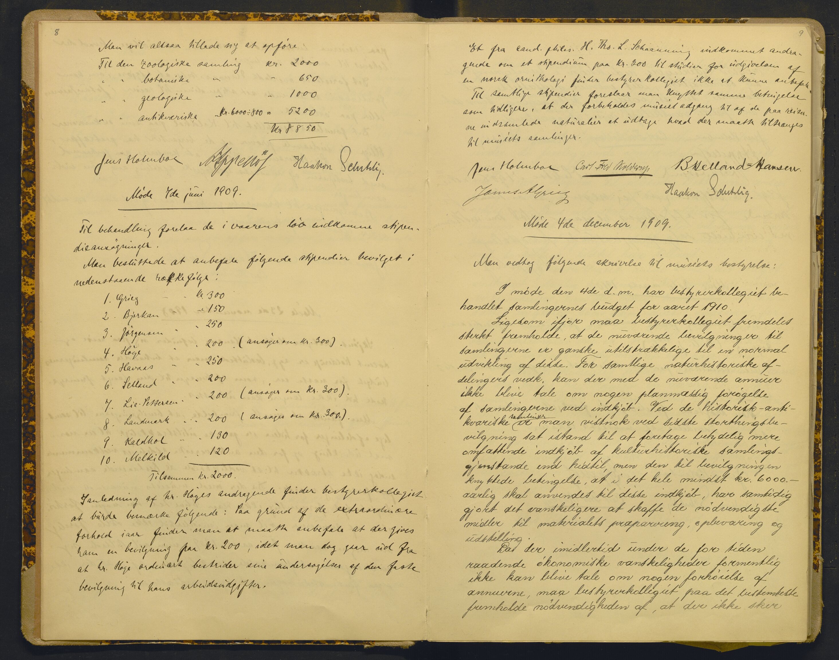 Bergens Museum, AV/SAB-A-17301/18/A/L0001: Bestyrerkollegiets forhandlingsprotokoll med register , 1907-1927, s. 8-9