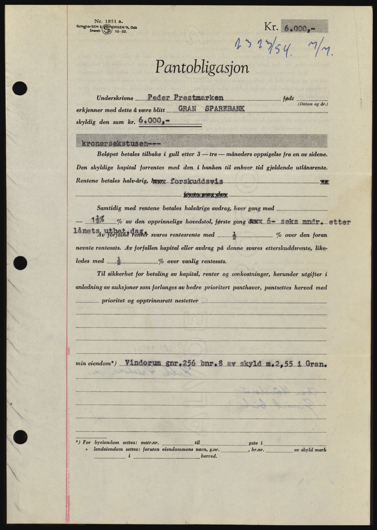 Hadeland og Land tingrett, SAH/TING-010/H/Hb/Hbc/L0030: Pantebok nr. B30, 1954-1954, Dagboknr: 2323/1954