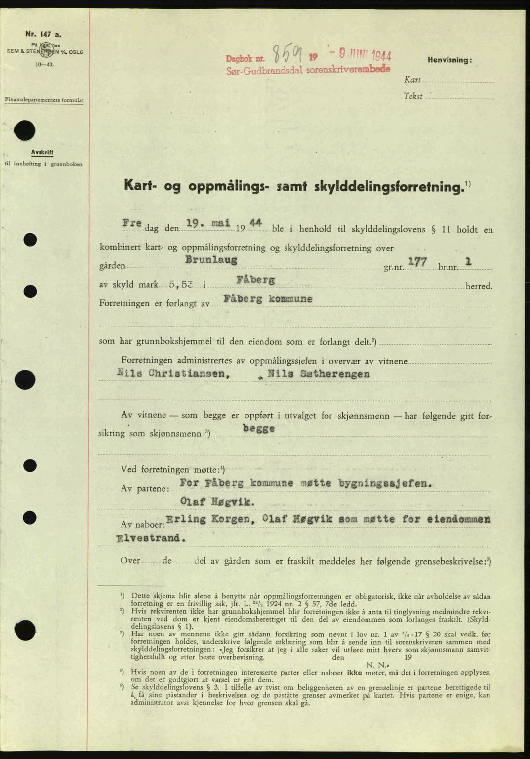 Sør-Gudbrandsdal tingrett, SAH/TING-004/H/Hb/Hbd/L0013: Pantebok nr. A13, 1944-1944, Dagboknr: 859/1944