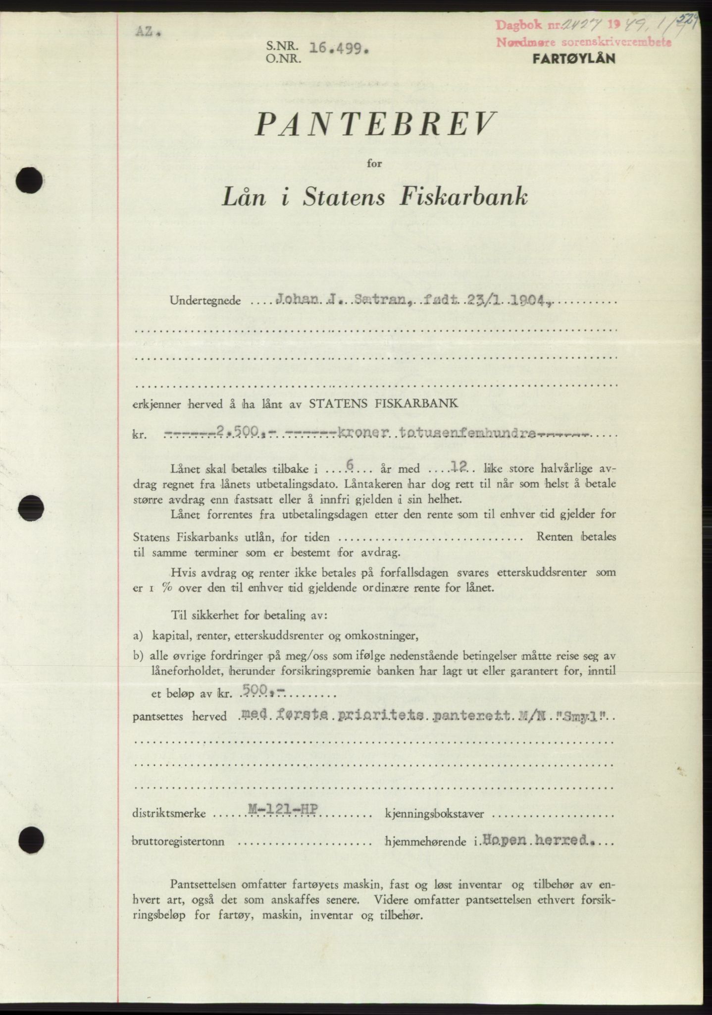 Nordmøre sorenskriveri, AV/SAT-A-4132/1/2/2Ca: Pantebok nr. B102, 1949-1949, Dagboknr: 2427/1949