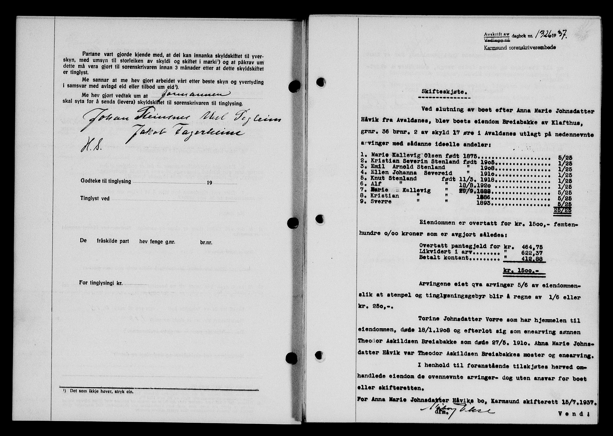 Karmsund sorenskriveri, AV/SAST-A-100311/01/II/IIB/L0068: Pantebok nr. 49A, 1937-1937, Dagboknr: 1326/1937