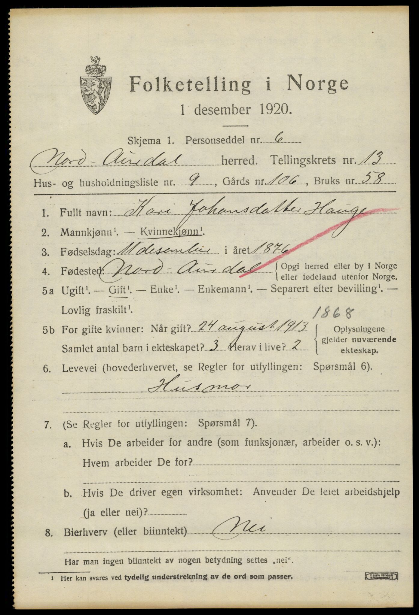 SAH, Folketelling 1920 for 0542 Nord-Aurdal herred, 1920, s. 10566