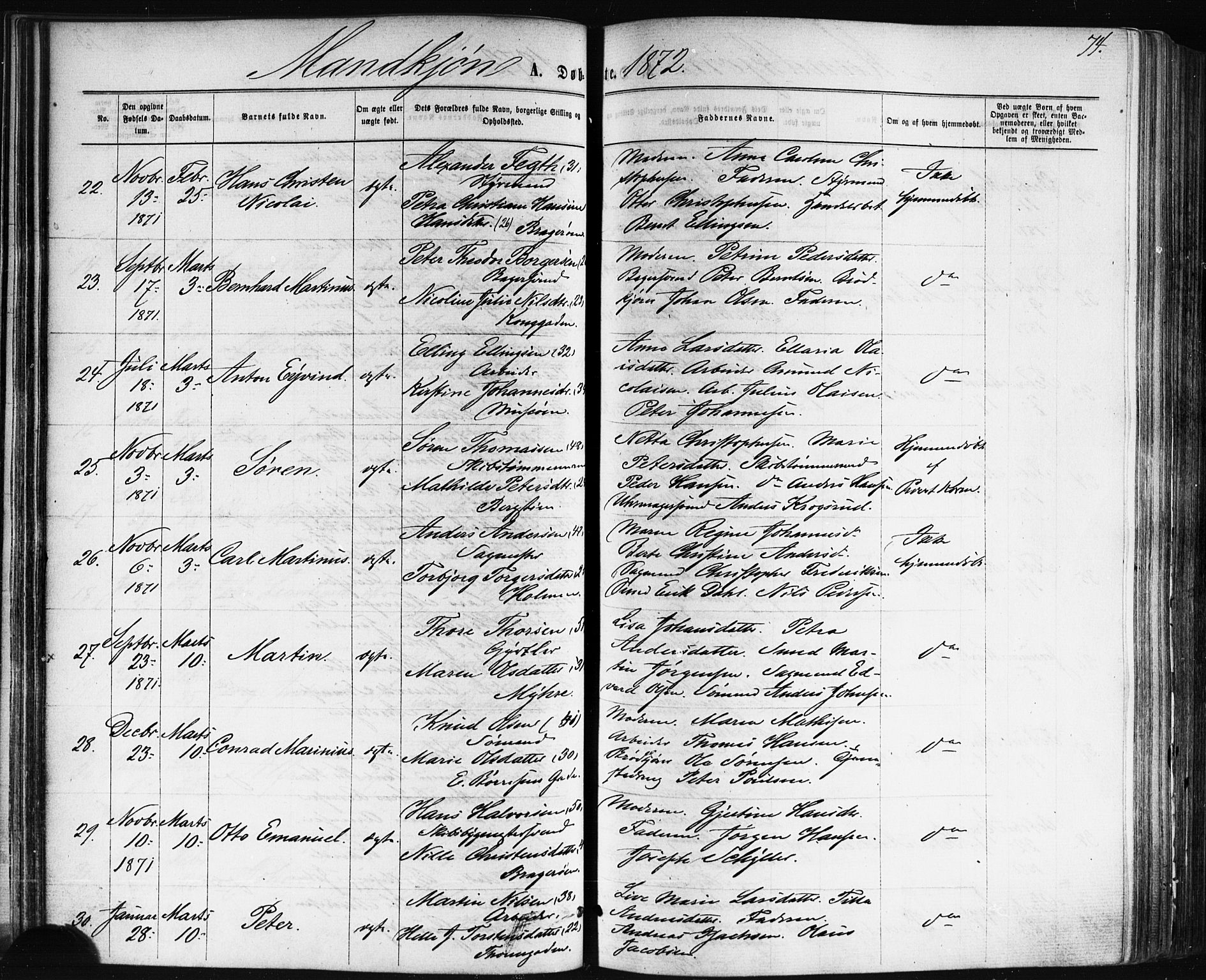 Bragernes kirkebøker, AV/SAKO-A-6/F/Fb/L0004: Ministerialbok nr. II 4, 1869-1875, s. 74