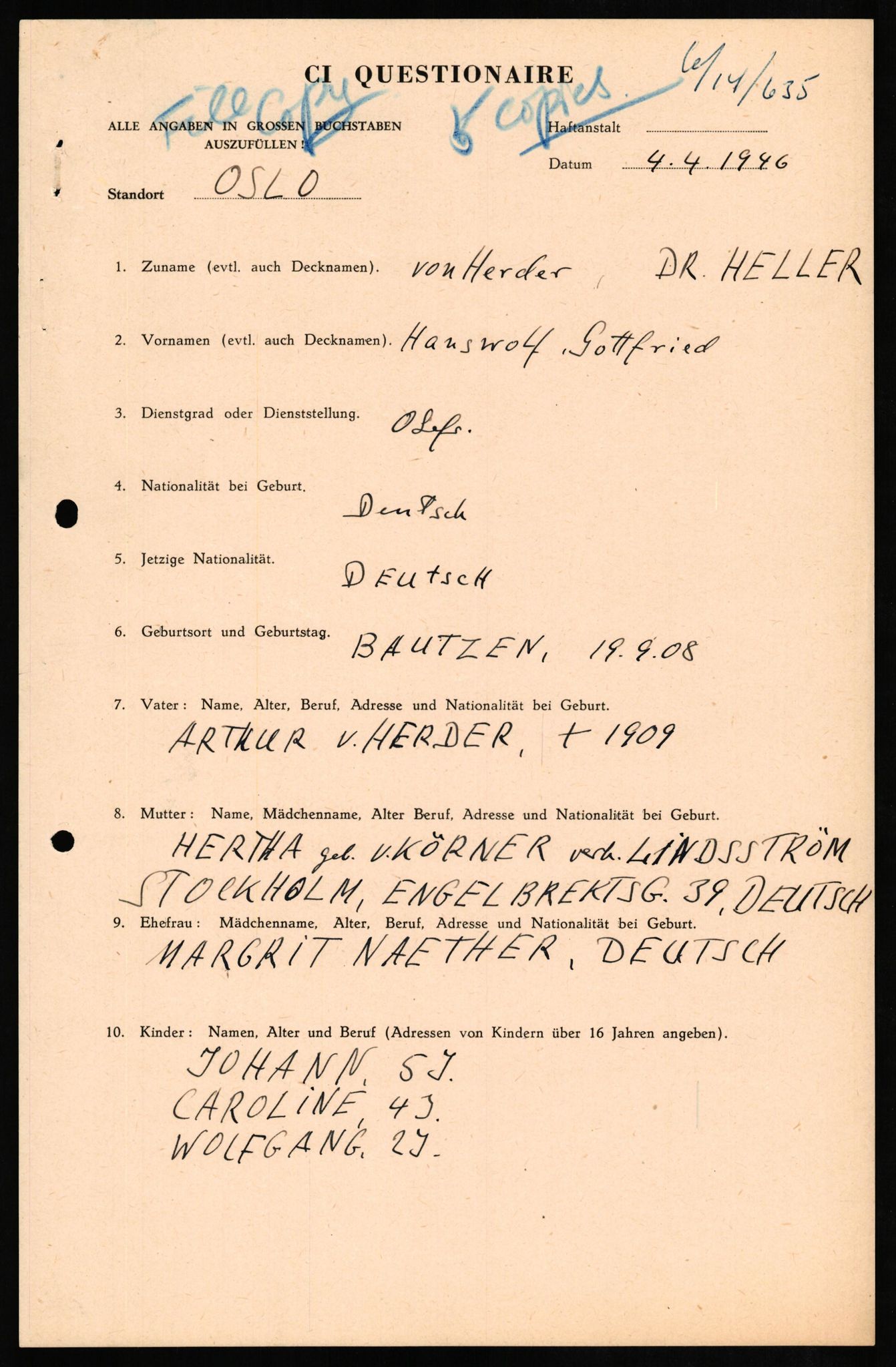 Forsvaret, Forsvarets overkommando II, AV/RA-RAFA-3915/D/Db/L0013: CI Questionaires. Tyske okkupasjonsstyrker i Norge. Tyskere., 1945-1946, s. 2