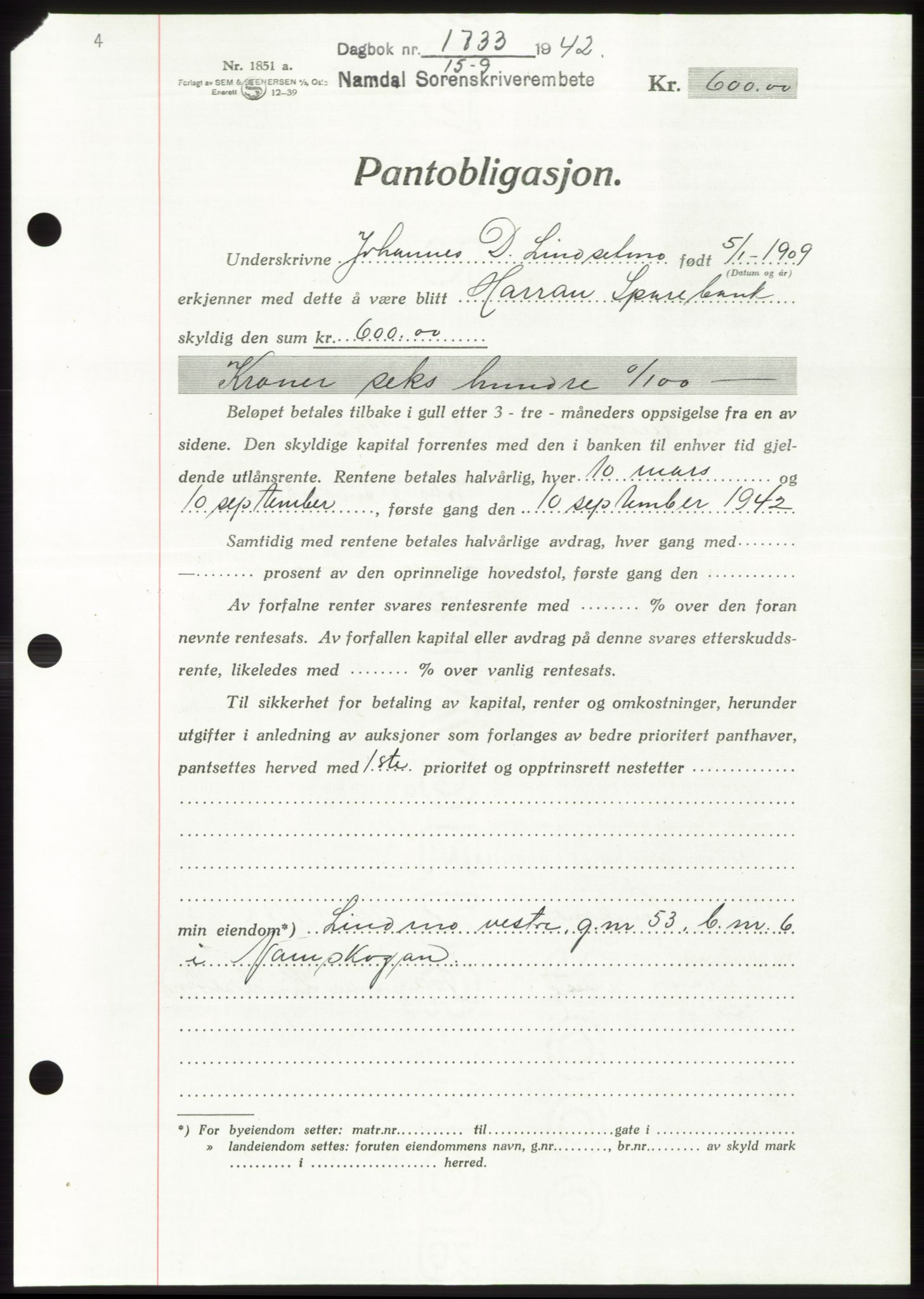 Namdal sorenskriveri, SAT/A-4133/1/2/2C: Pantebok nr. -, 1942-1943, Dagboknr: 1733/1942