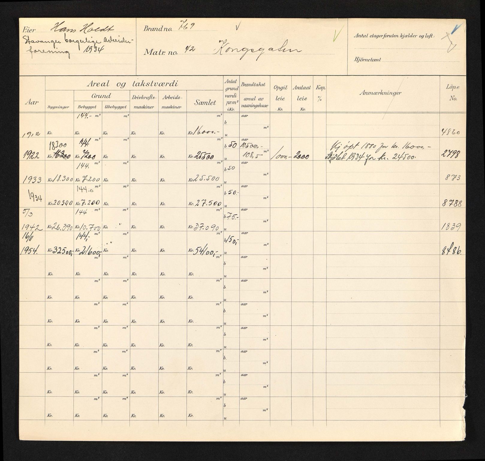 Stavanger kommune. Skattetakstvesenet, BYST/A-0440/F/Fa/Faa/L0026/0002: Skattetakstkort / Kongsgata 36 - 74a