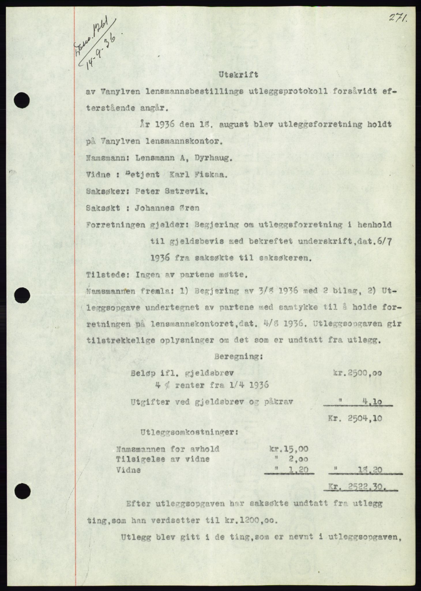 Søre Sunnmøre sorenskriveri, SAT/A-4122/1/2/2C/L0061: Pantebok nr. 55, 1936-1936, Dagboknr: 1261/1936
