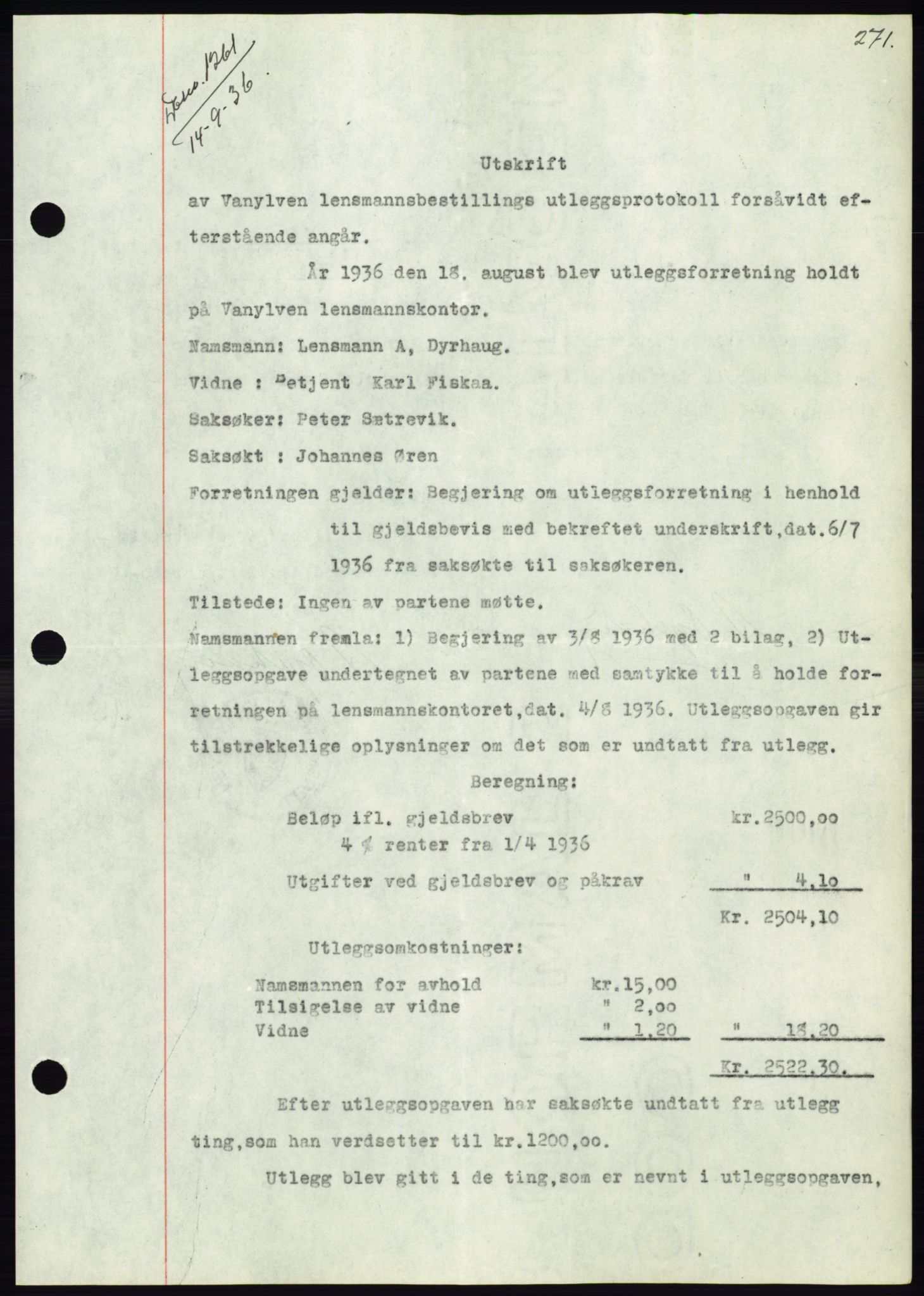 Søre Sunnmøre sorenskriveri, AV/SAT-A-4122/1/2/2C/L0061: Pantebok nr. 55, 1936-1936, Dagboknr: 1261/1936