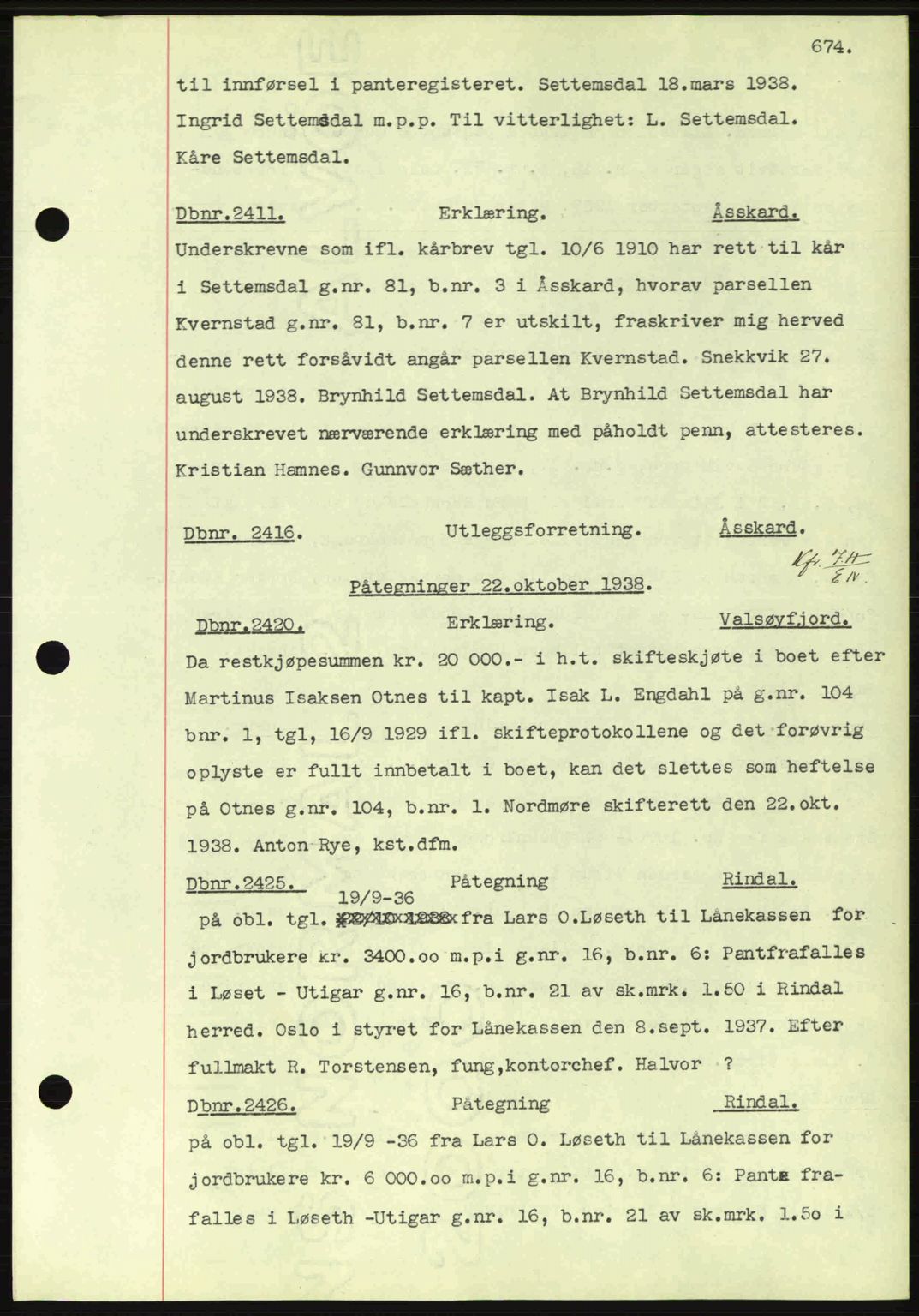 Nordmøre sorenskriveri, SAT/A-4132/1/2/2Ca: Pantebok nr. C80, 1936-1939, Dagboknr: 2411/1938