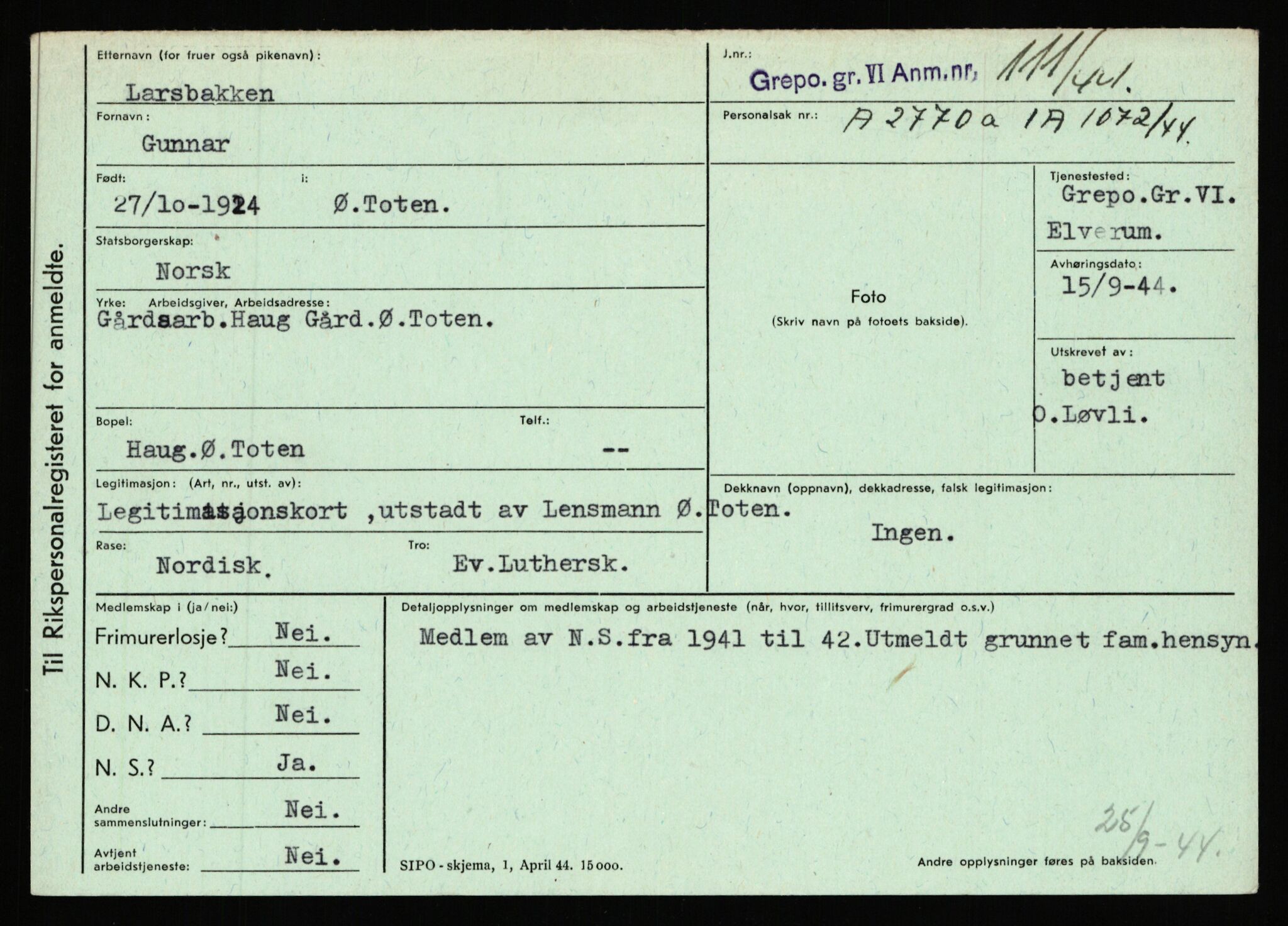 Statspolitiet - Hovedkontoret / Osloavdelingen, AV/RA-S-1329/C/Ca/L0009: Knutsen - Limstrand, 1943-1945, s. 2985