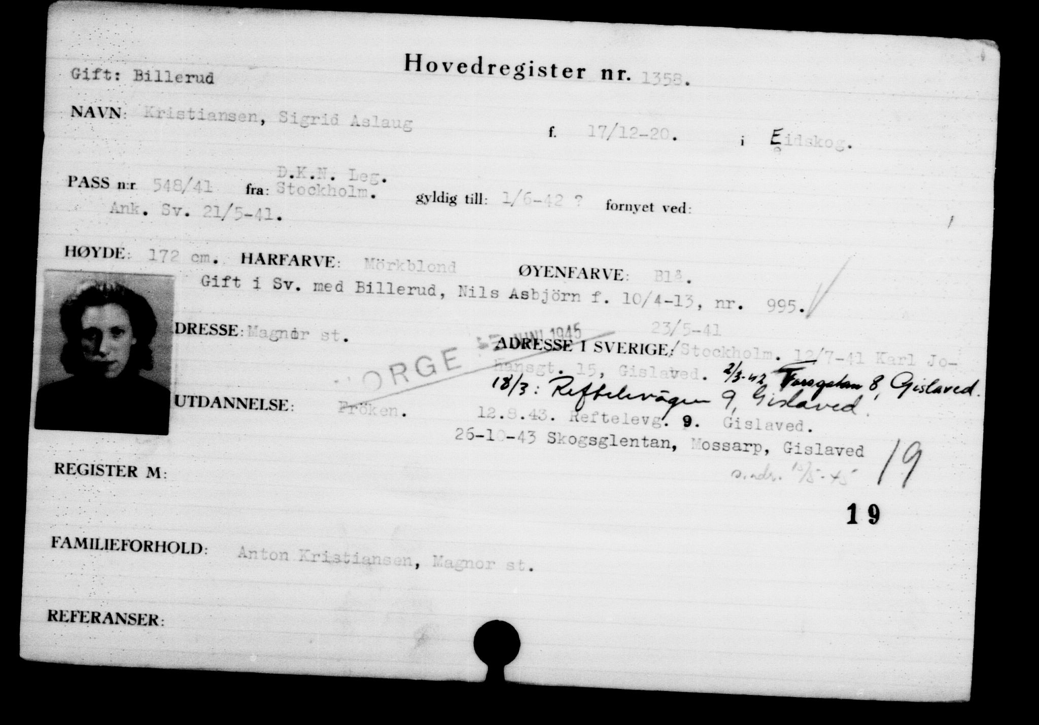 Utenriksstasjonene, Legasjonen i Stockholm, Flyktningkontoret, AV/RA-S-6753/V/Va/L0002: Kjesäterkartoteket, flyktninger med registreringsnr. 1001-2000, 1940-1945, s. 520