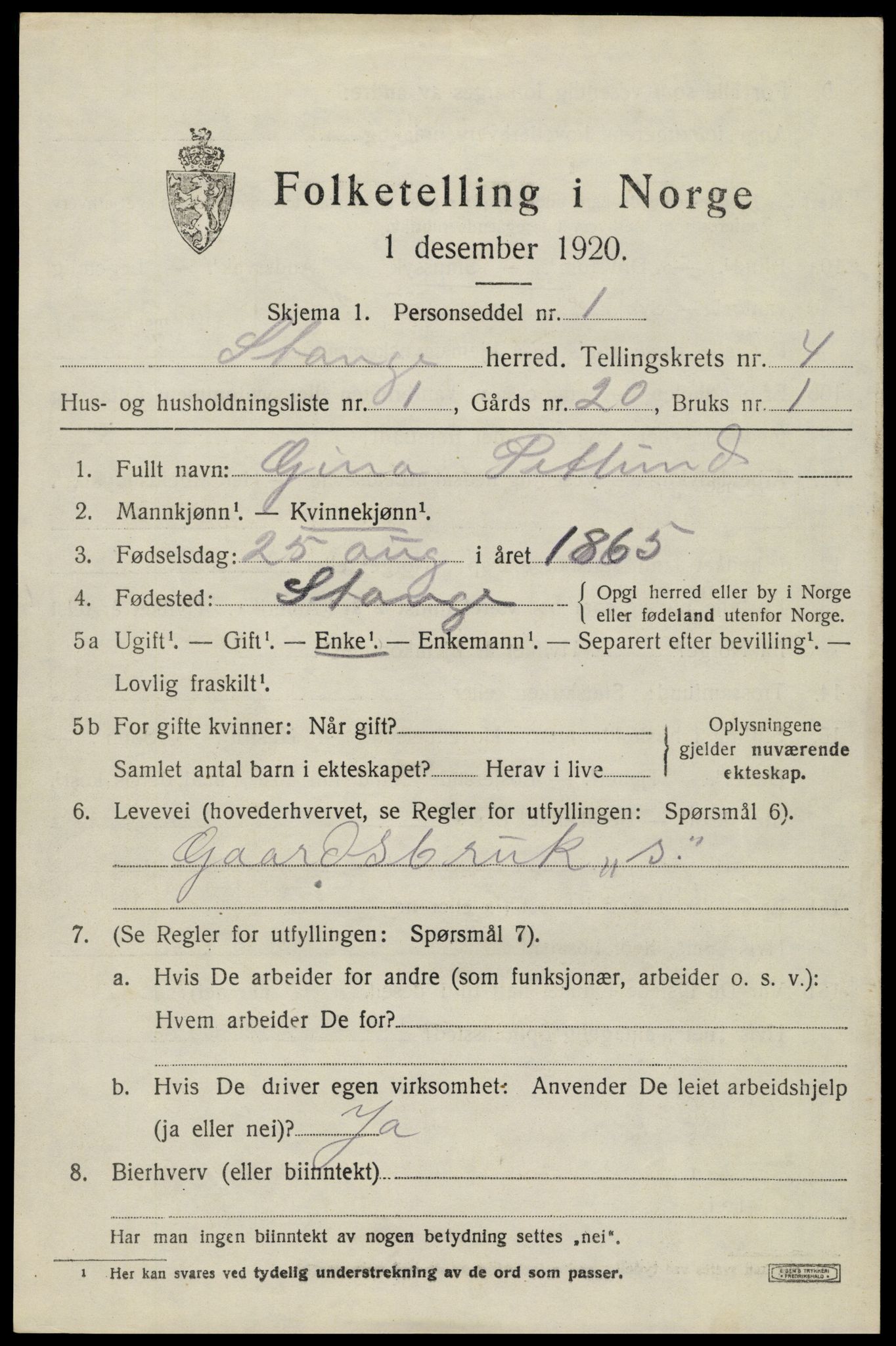 SAH, Folketelling 1920 for 0417 Stange herred, 1920, s. 6593