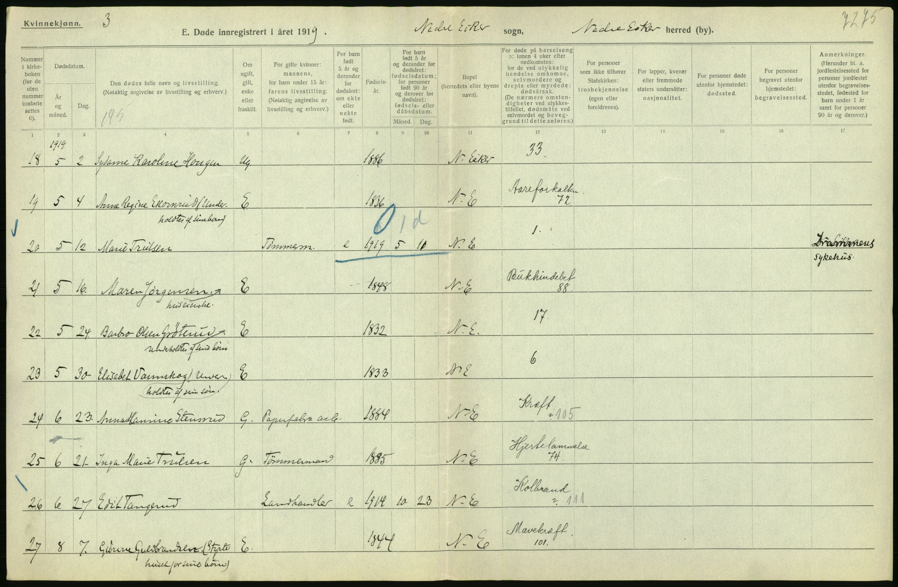 Statistisk sentralbyrå, Sosiodemografiske emner, Befolkning, RA/S-2228/D/Df/Dfb/Dfbi/L0018: Buskerud fylke: Døde. Bygder og byer., 1919, s. 106