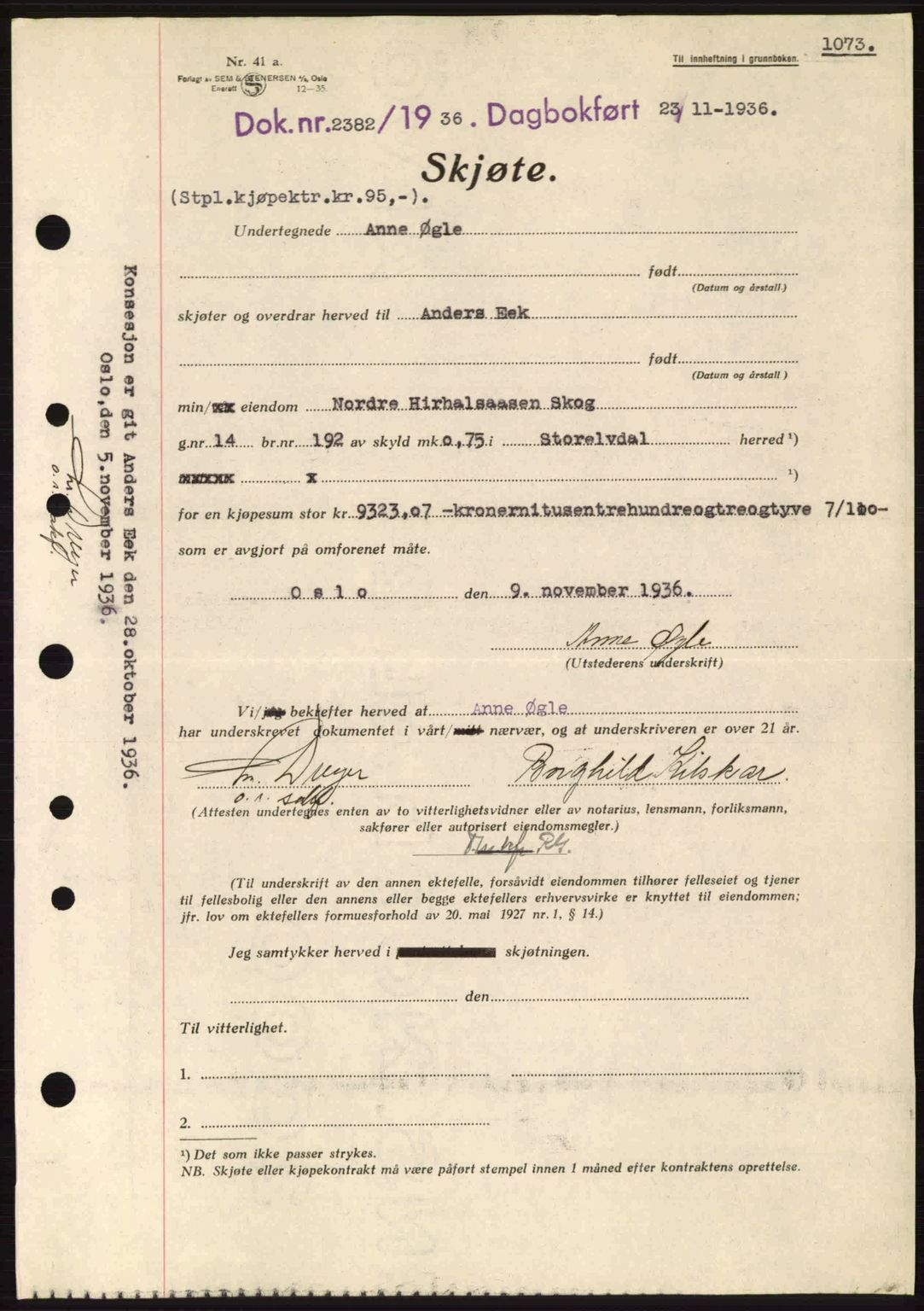 Sør-Østerdal sorenskriveri, SAH/TING-018/H/Hb/Hbb/L0054: Pantebok nr. A54, 1936-1936, Dagboknr: 2382/1936