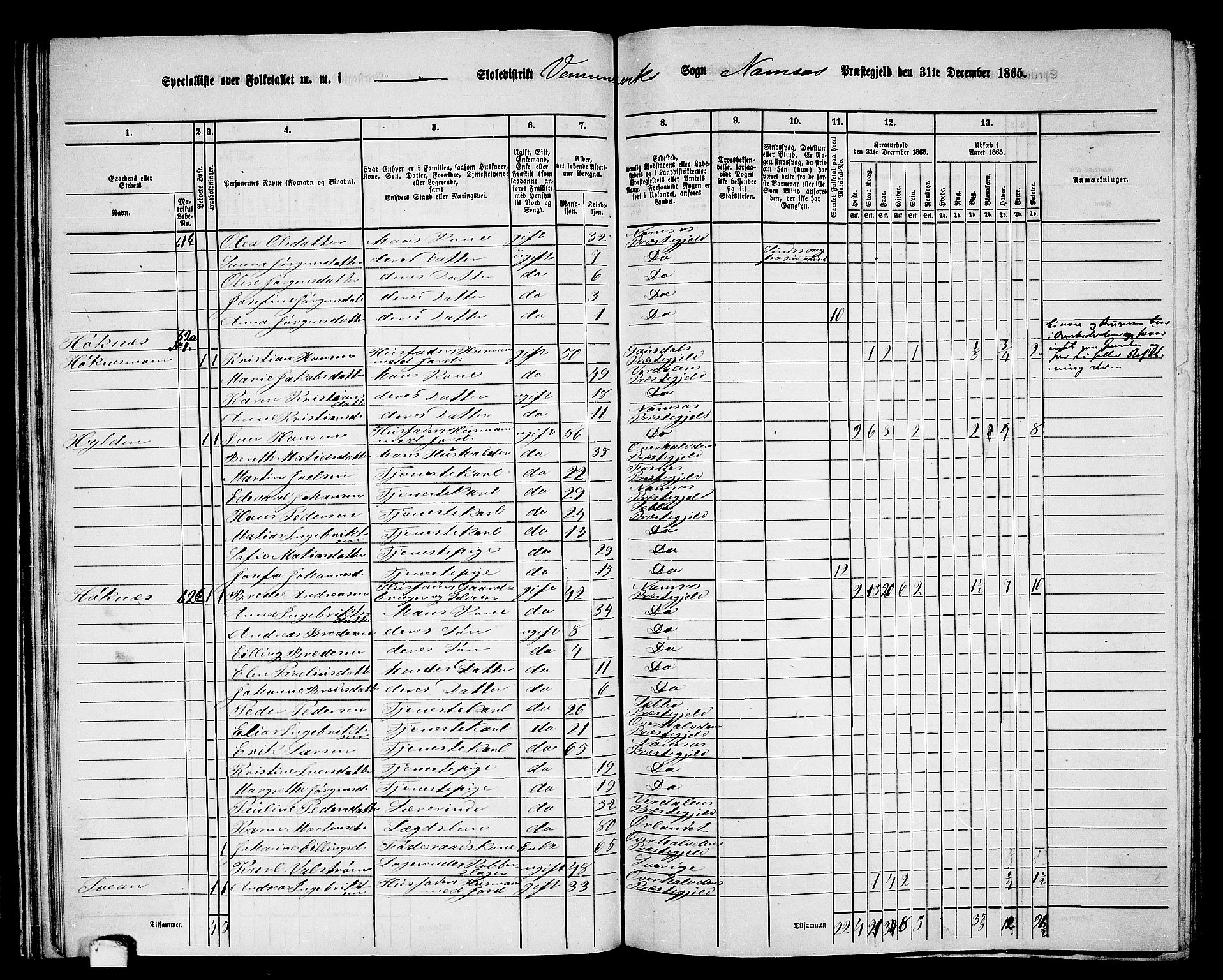 RA, Folketelling 1865 for 1745L Namsos prestegjeld, Vemundvik sokn og Sævik sokn, 1865, s. 43