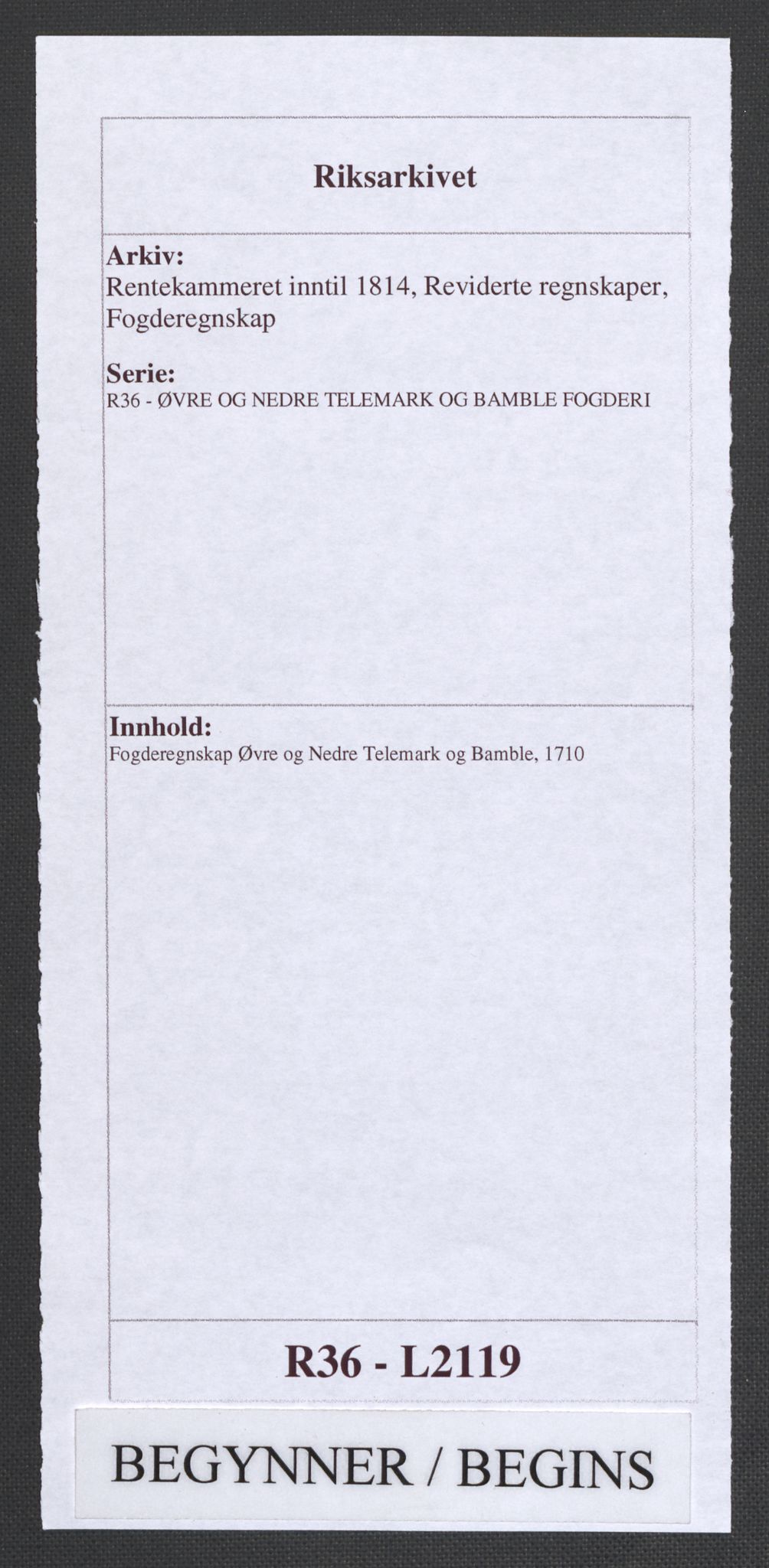 Rentekammeret inntil 1814, Reviderte regnskaper, Fogderegnskap, AV/RA-EA-4092/R36/L2119: Fogderegnskap Øvre og Nedre Telemark og Bamble, 1710, s. 1