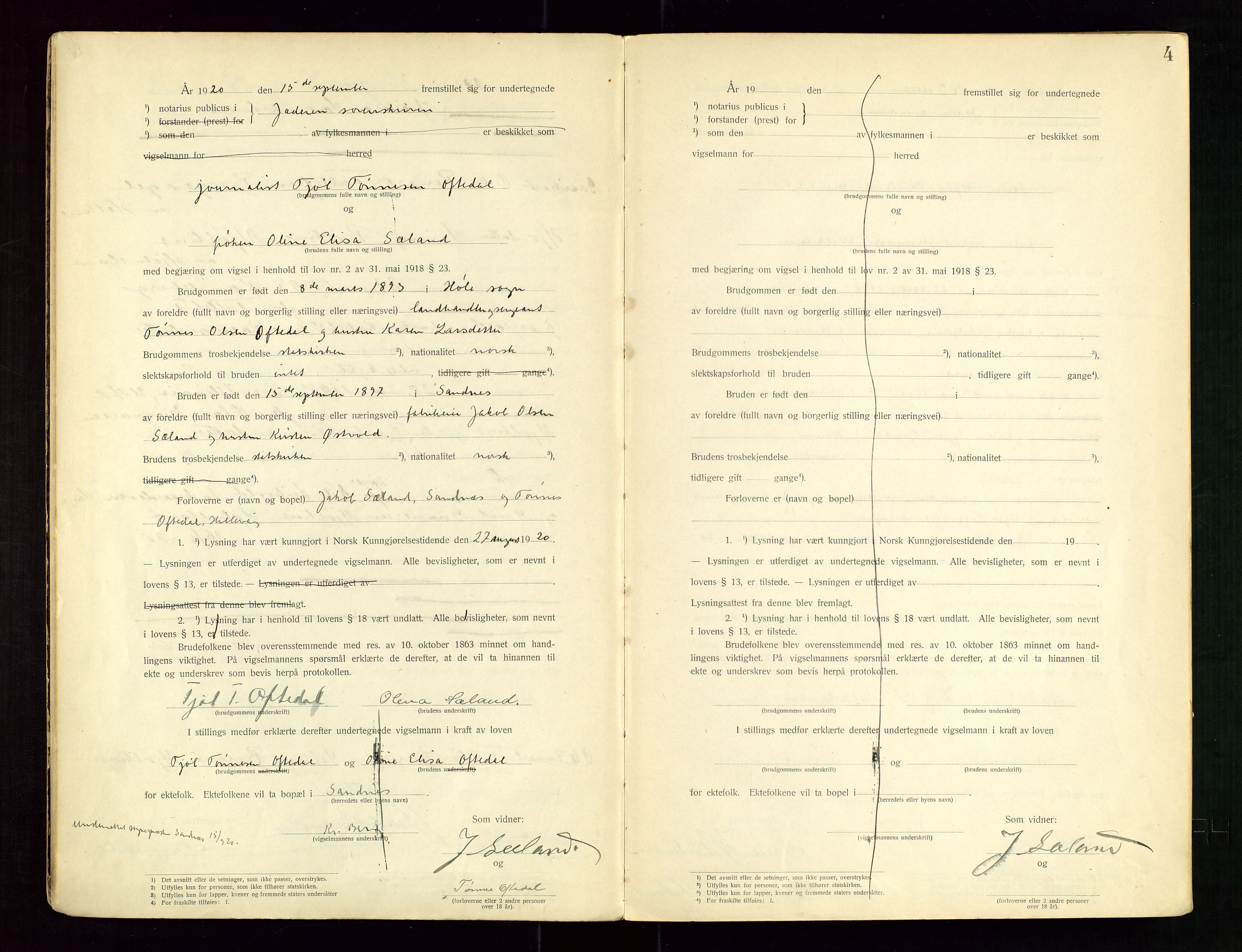 Jæren sorenskriveri, AV/SAST-A-100310/01/6/62/62BA/L0001: VIGSELSPROTOKOLL, 1920-1937, s. 4