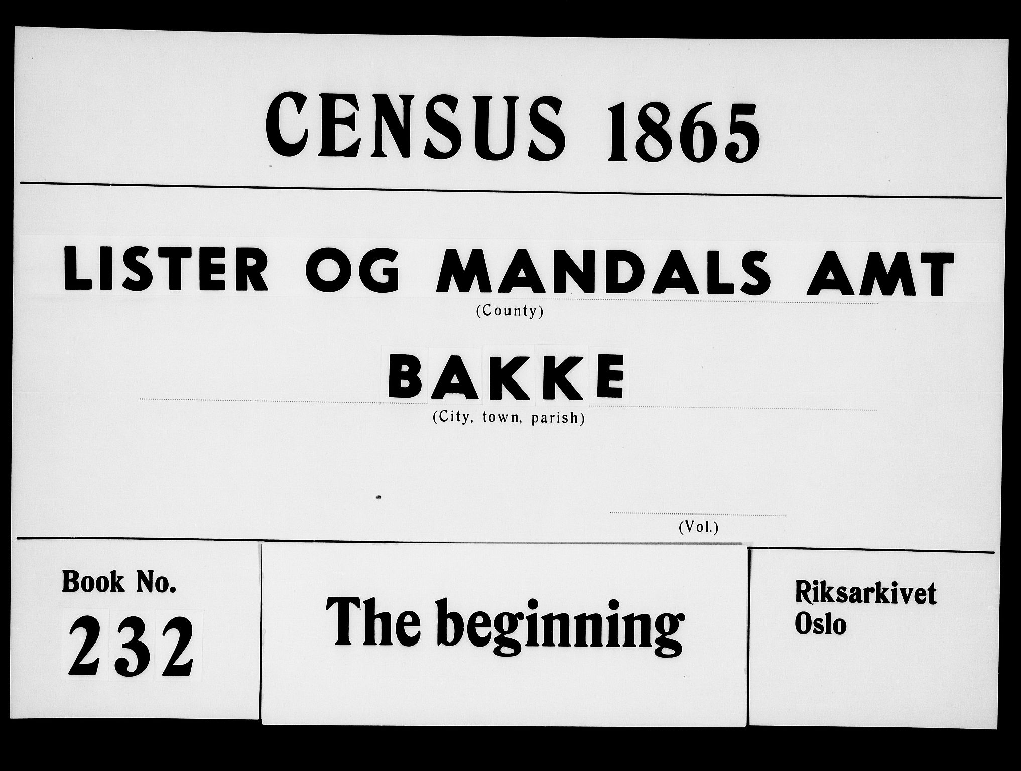 RA, Folketelling 1865 for 1045P Bakke prestegjeld, 1865, s. 1