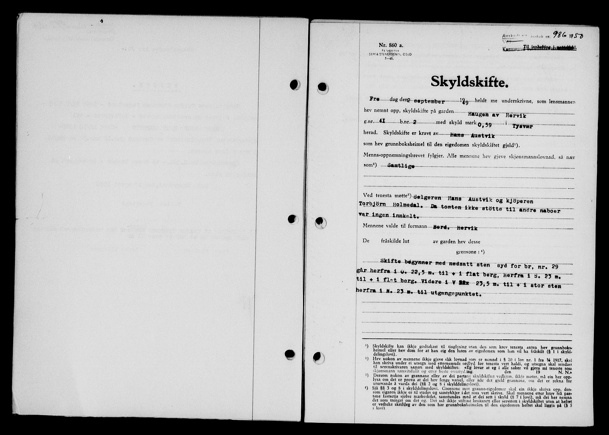 Karmsund sorenskriveri, SAST/A-100311/01/II/IIB/L0099: Pantebok nr. 79A, 1950-1950, Dagboknr: 986/1950