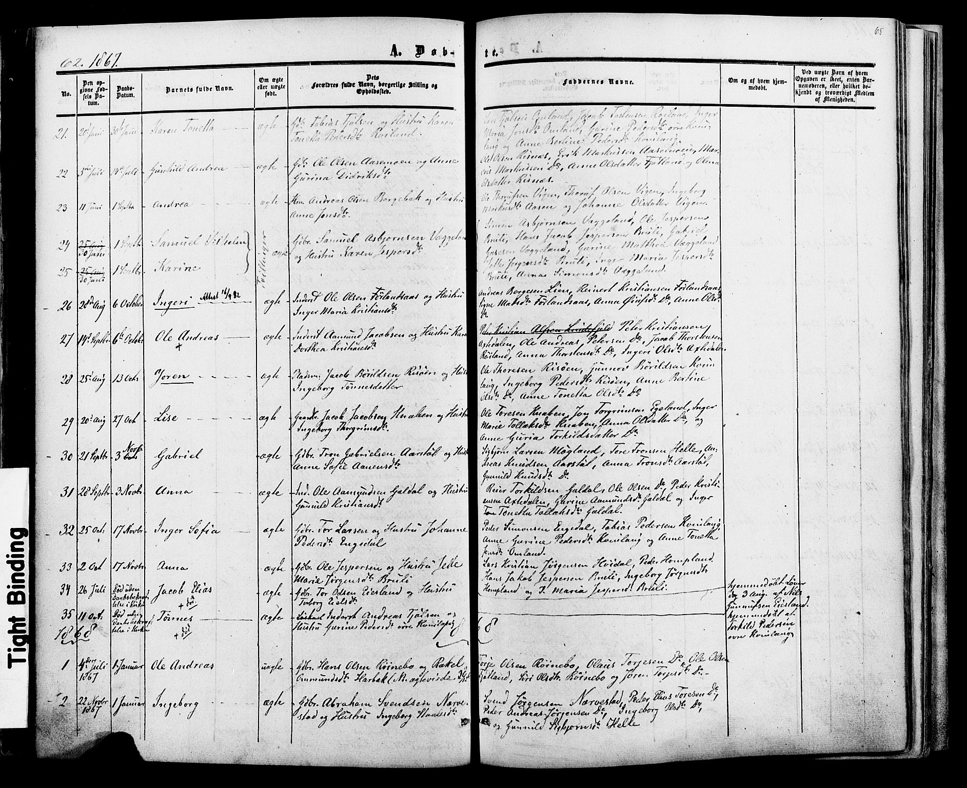 Fjotland sokneprestkontor, SAK/1111-0010/F/Fa/L0001: Ministerialbok nr. A 1, 1850-1879, s. 65