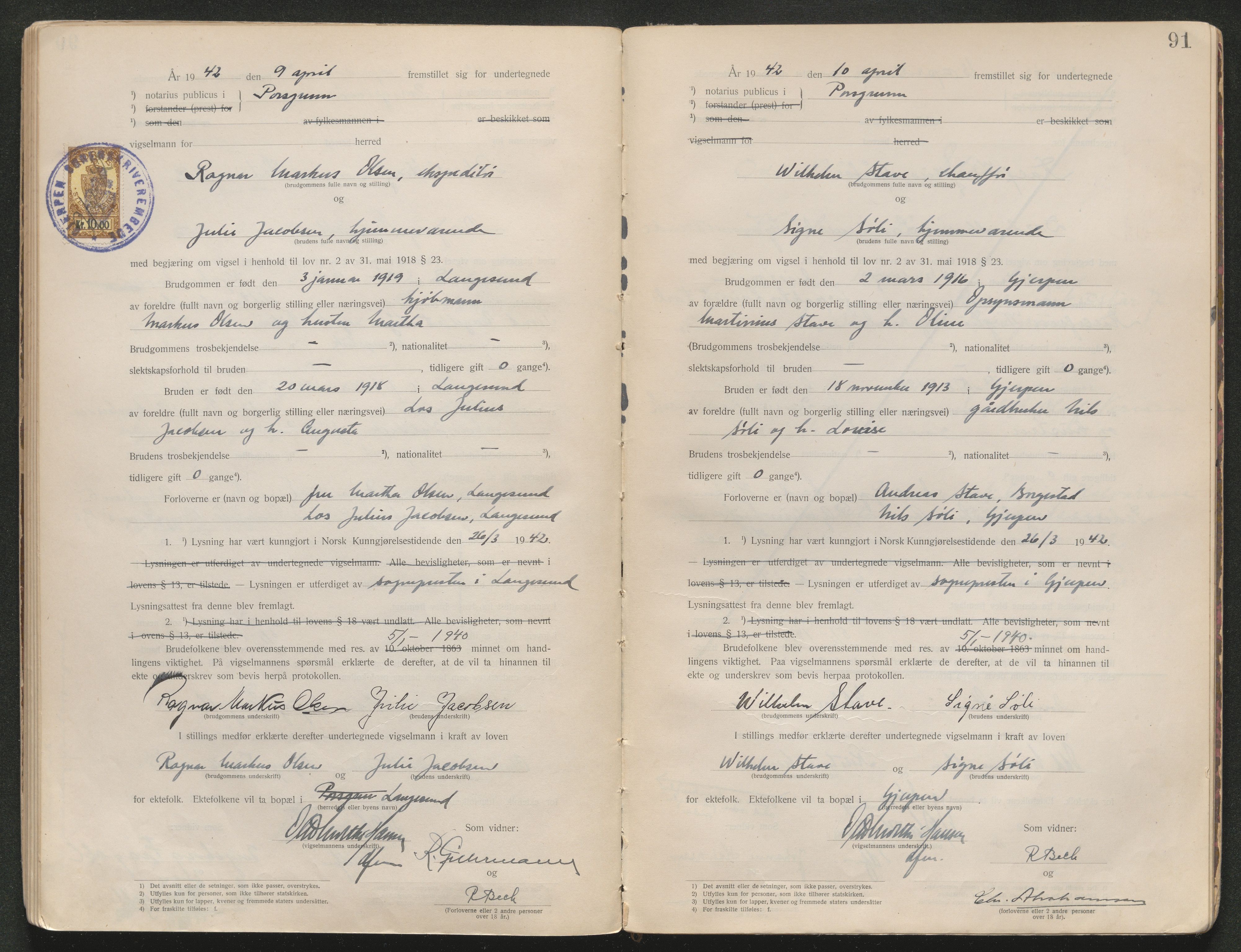 Gjerpen sorenskriveri, SAKO/A-216/L/Lb/L0001: Vigselsprotokoll, 1920-1948, s. 91