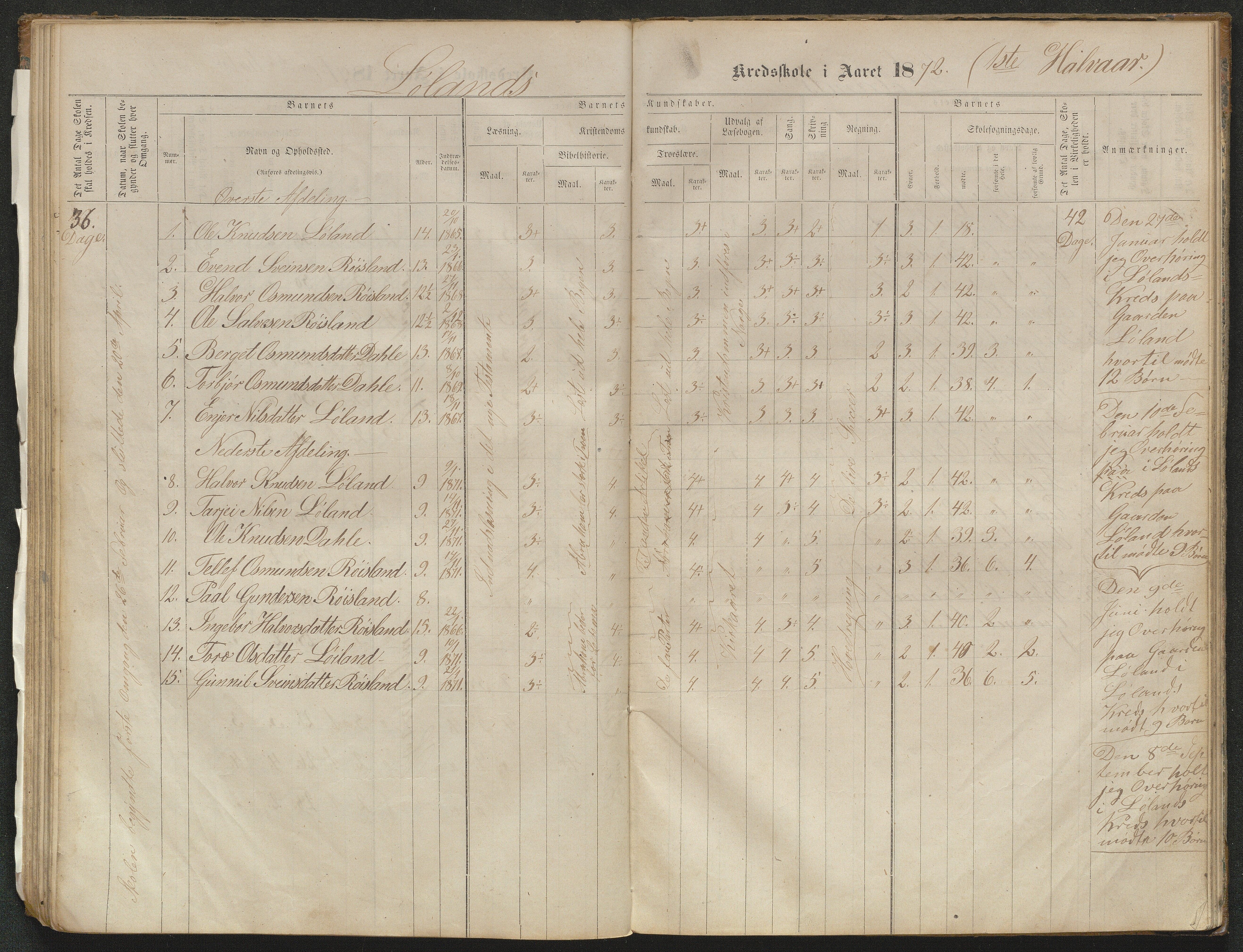 Valle kommune, AAKS/KA0940-PK/03/L0051: Protokoll over skolehold og skolesøkning for Bjørnarå og Løland, 1863-1881