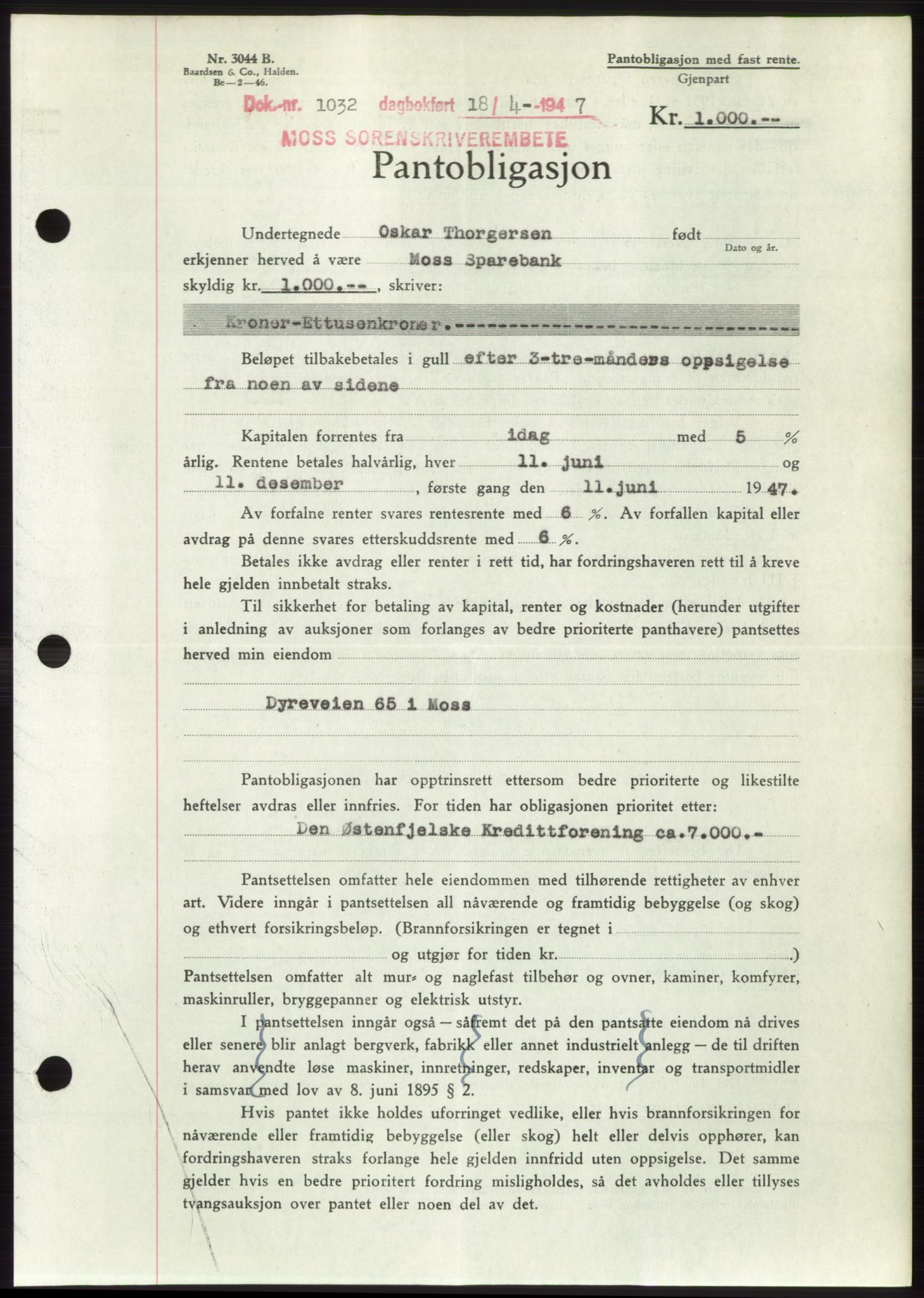 Moss sorenskriveri, SAO/A-10168: Pantebok nr. B17, 1947-1947, Dagboknr: 1032/1947