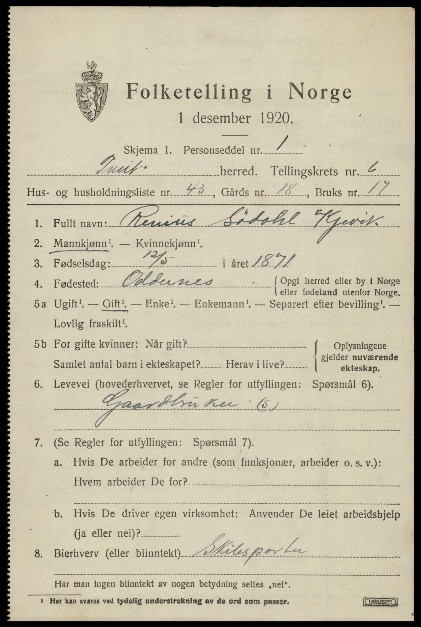 SAK, Folketelling 1920 for 1013 Tveit herred, 1920, s. 3166